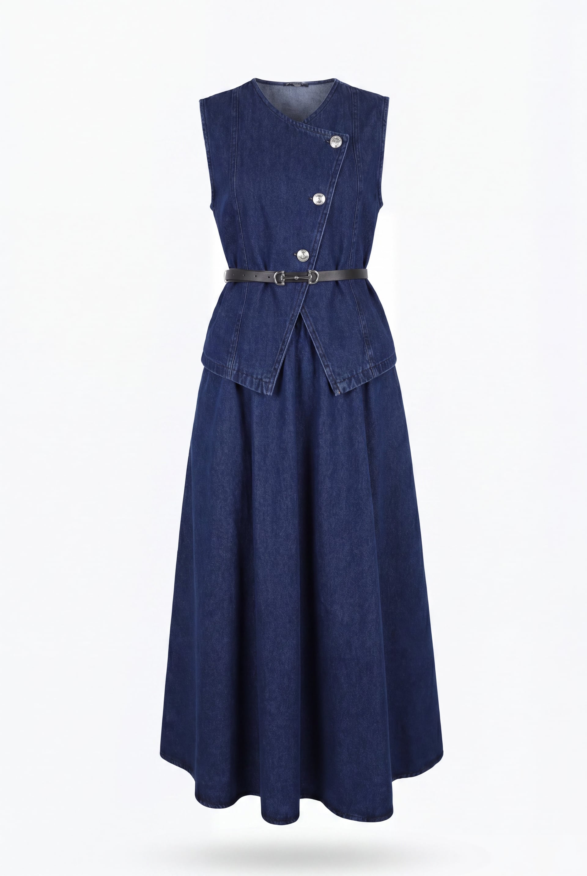 Denim Vest and Belted Skirt Set - Navy - Podyumplus - by Peralane - photo 7