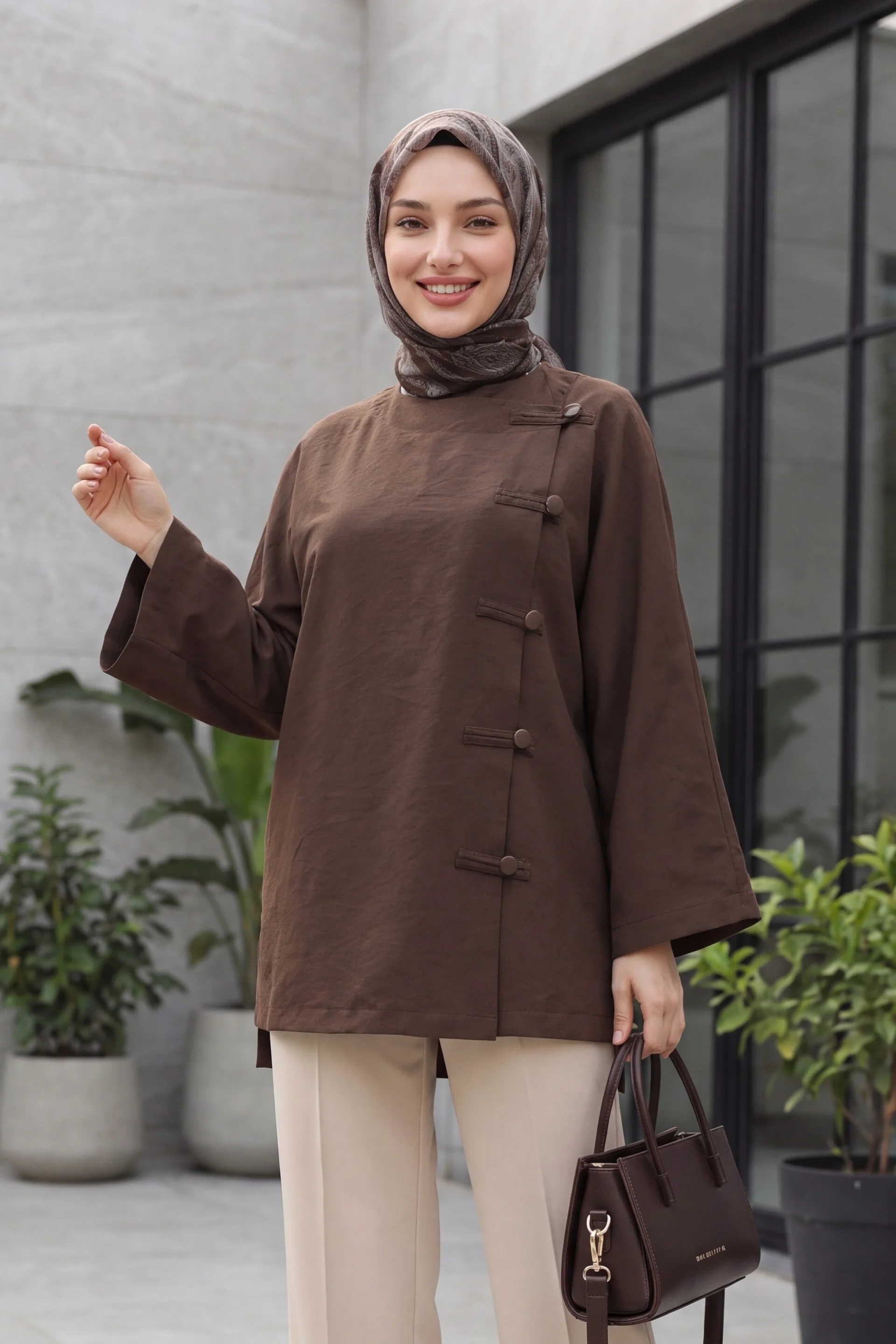 Round Neck Button Front Long Back Poliviscose Tunic - Brown - Podyumplus - by Peralane - photo 2