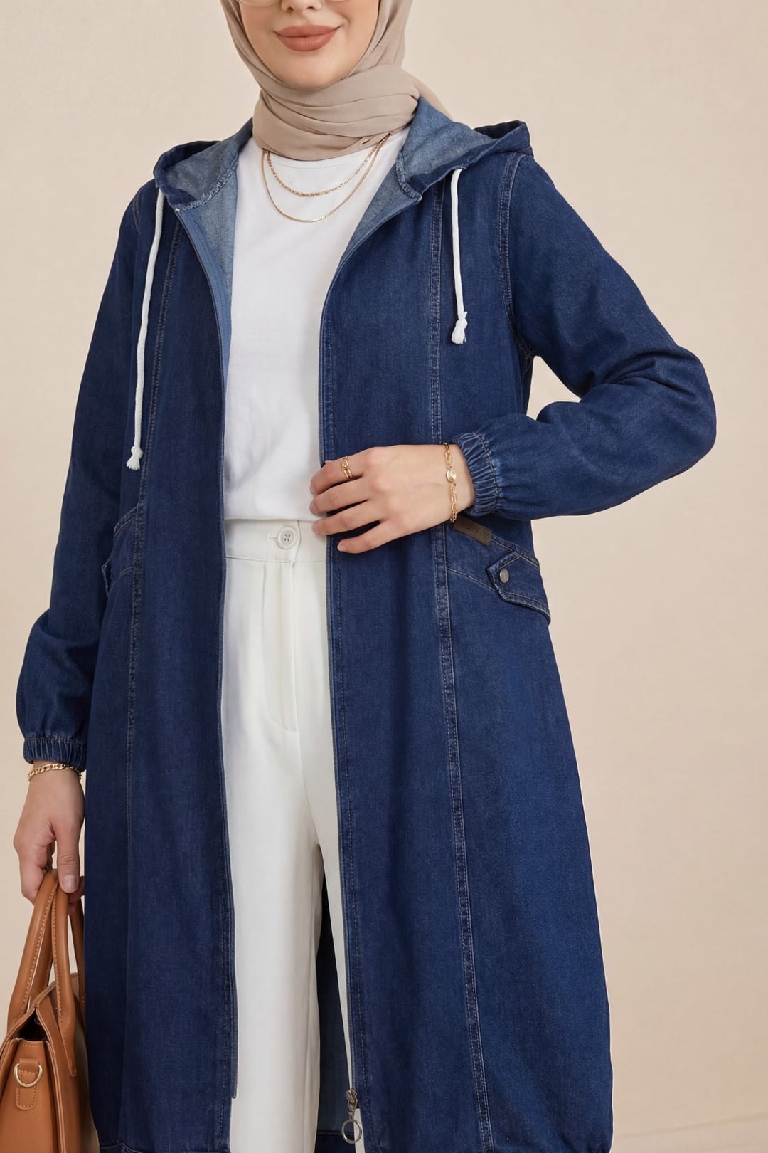 Hooded Zip-Up Denim Jacket with Pockets and Elastic Cuffs - Navy - Podyumplus - by Peralane - photo 4