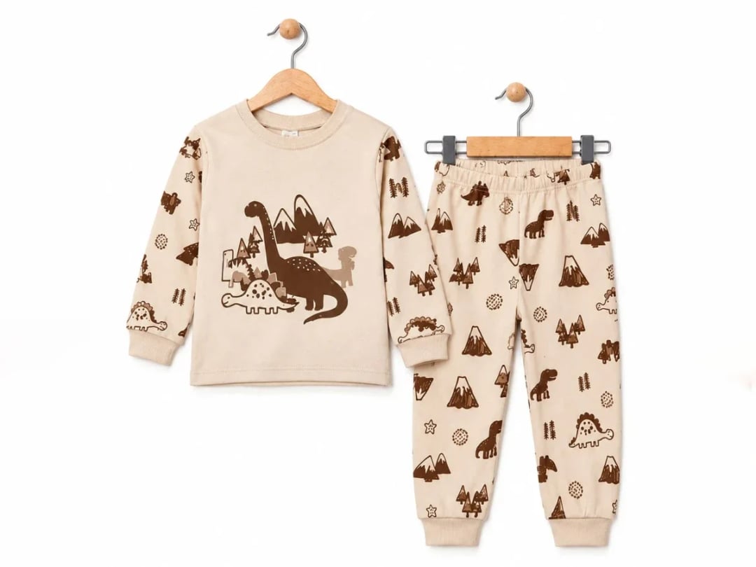 Dino Print Boys' Pyjama Set - Beige - Supermini - by Peralane