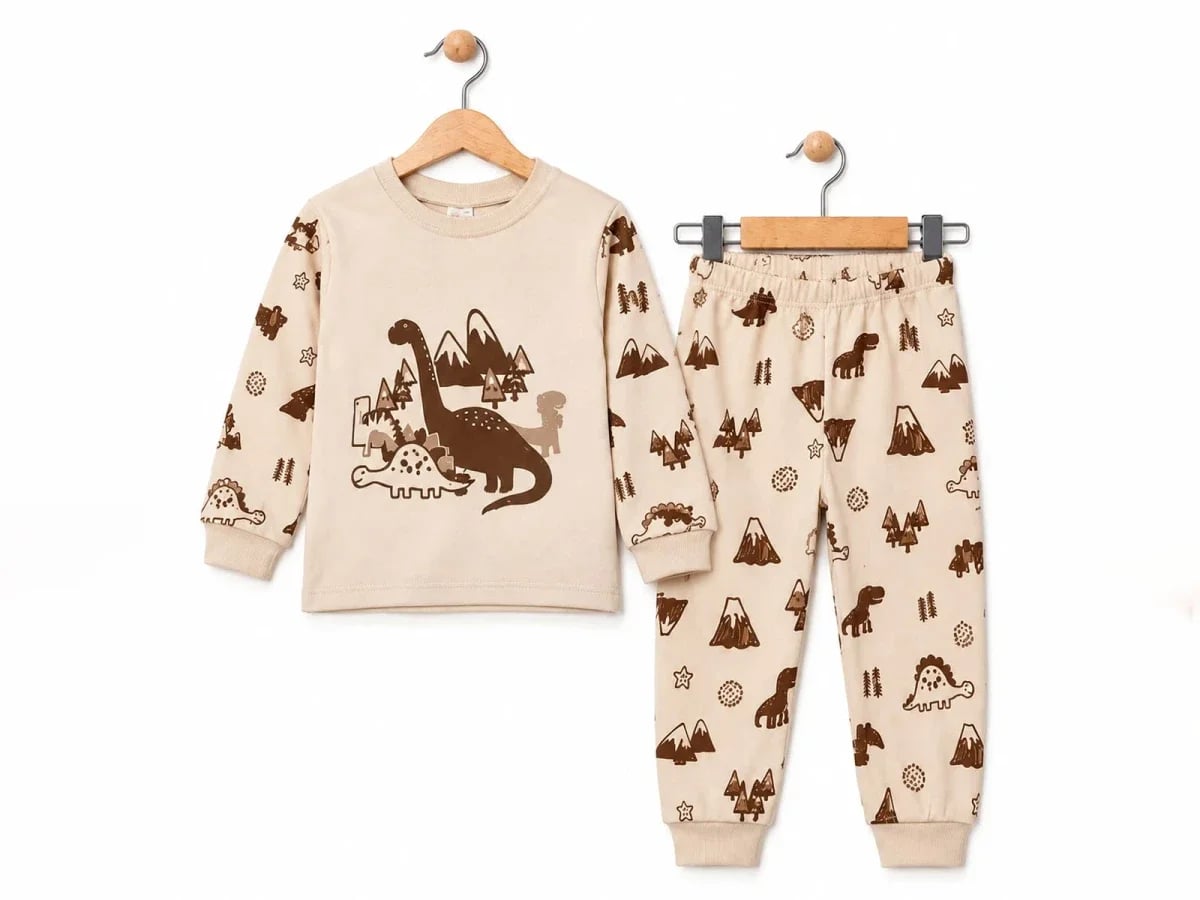Dino Print Boys' Pyjama Set - Beige - Supermini - by Peralane