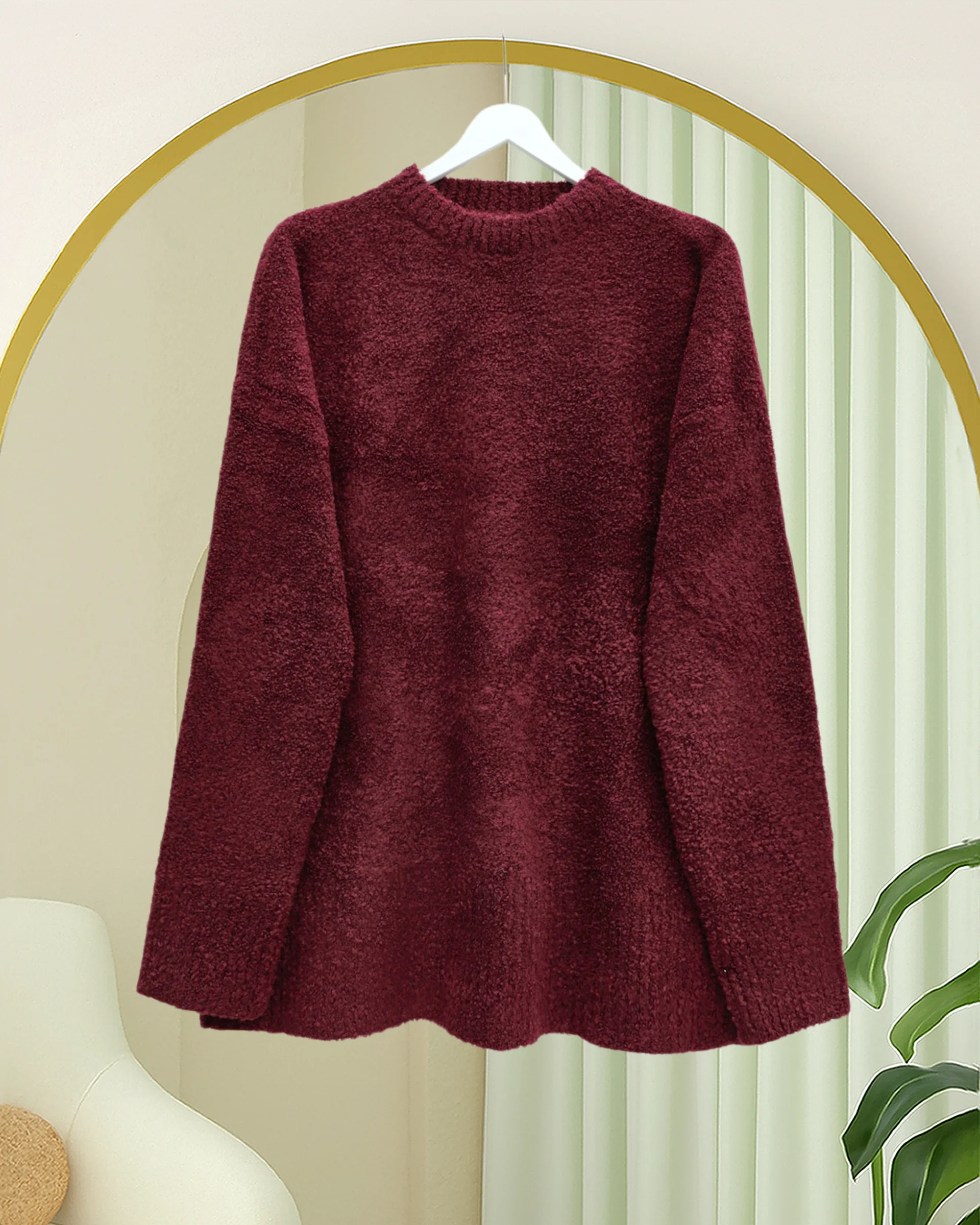 Round Neck Relaxed Soft Knit Sweater - Burgundy - Podyumplus - by Peralane - photo 2