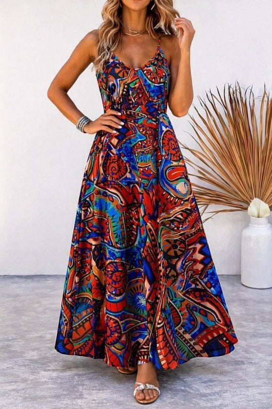 Women's Spaghetti Strap V-Neck Patterned Maxi Suprem Dress - Janes - by Peralane - photo 2