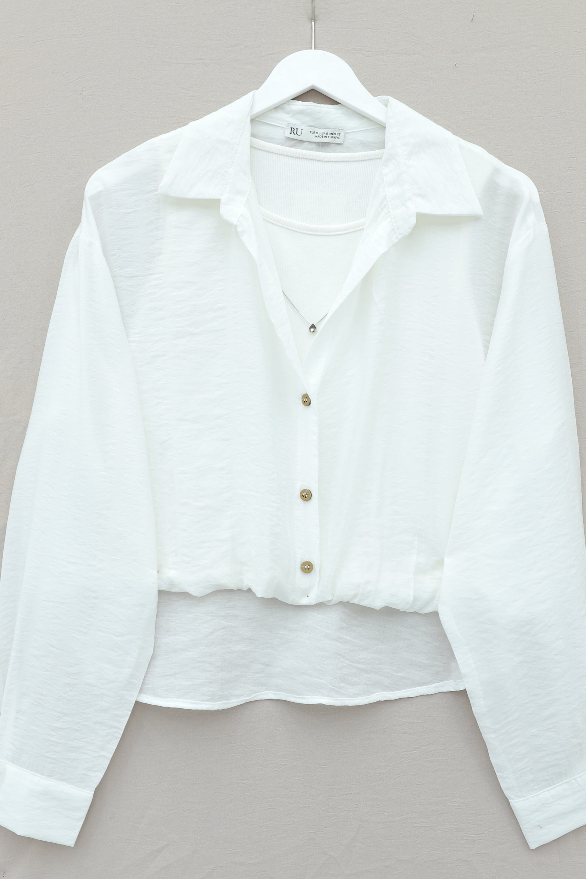 Crop Bodysuit Detail Long Back Shirt with Necklace - Ecru - Podyumplus - by Peralane - photo 4