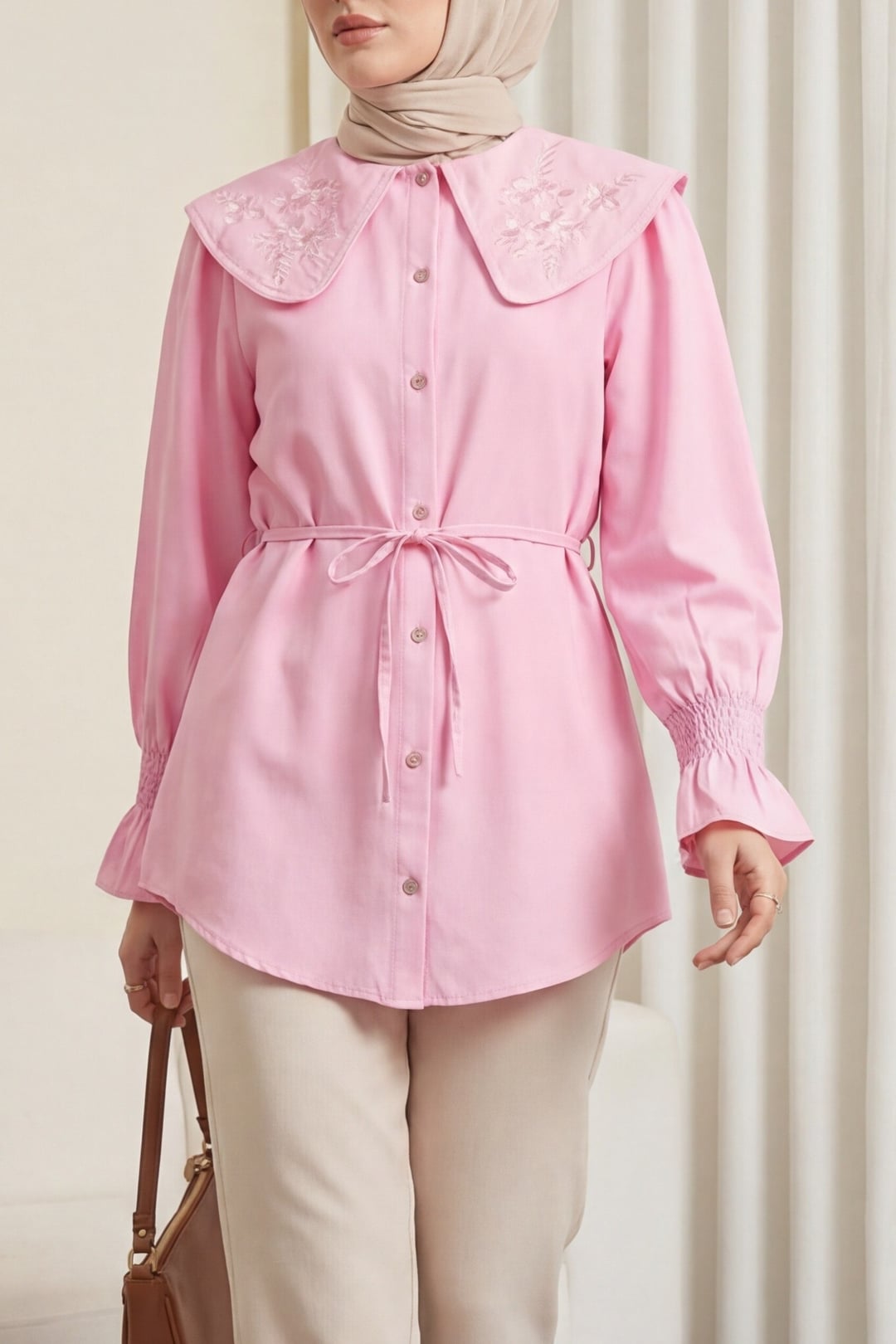 Peter Pan Collar Embroidered Belted Poplin Shirt - Pink - Podyumplus - by Peralane