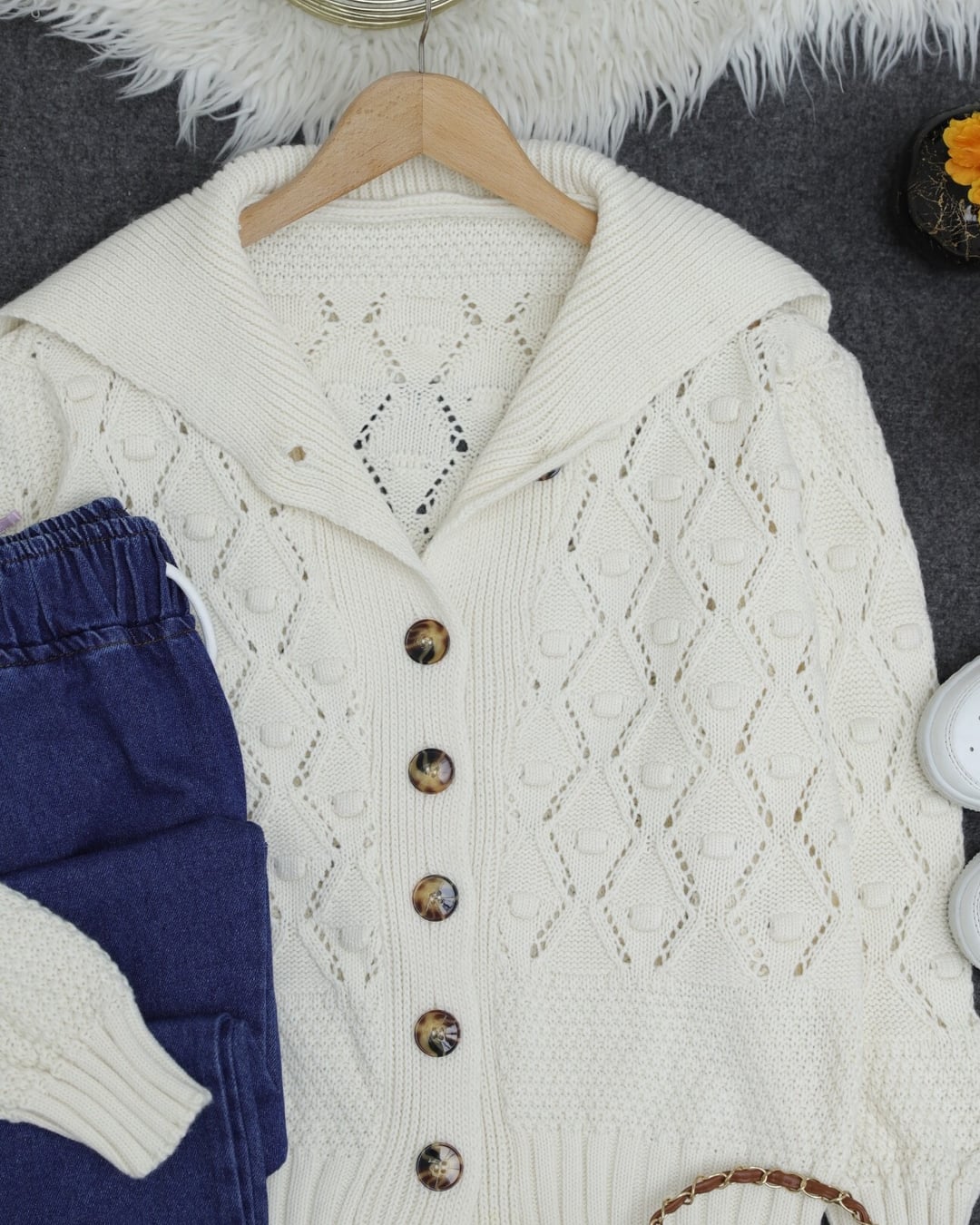 Hooded Button-Front Textured Knit Cardigan - Ecru - Podyumplus - by Peralane - photo 7