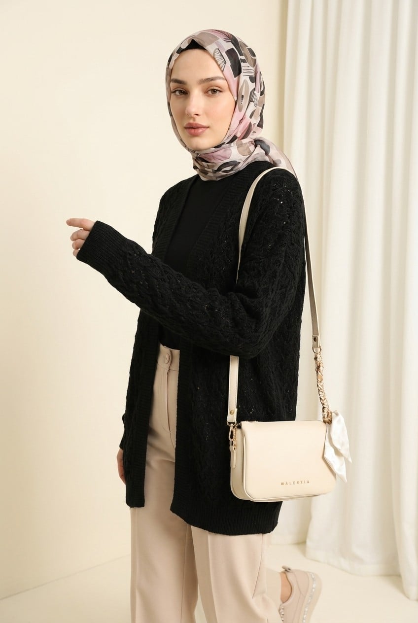 Openwork Patterned Relaxed Knit Cardigan - Black - Podyumplus - by Peralane - photo 2
