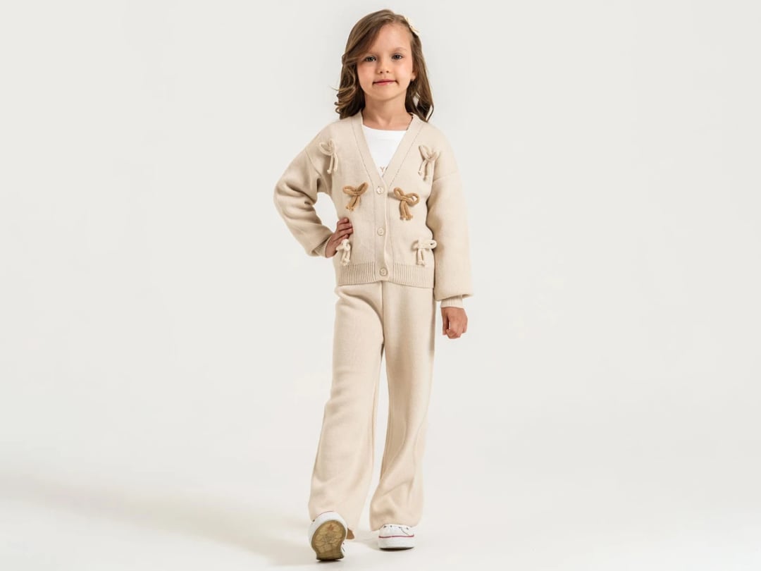 Beige Knit Cardigan and Trousers Set for Girls with Bow Details - Pampal Kids - by Peralane
