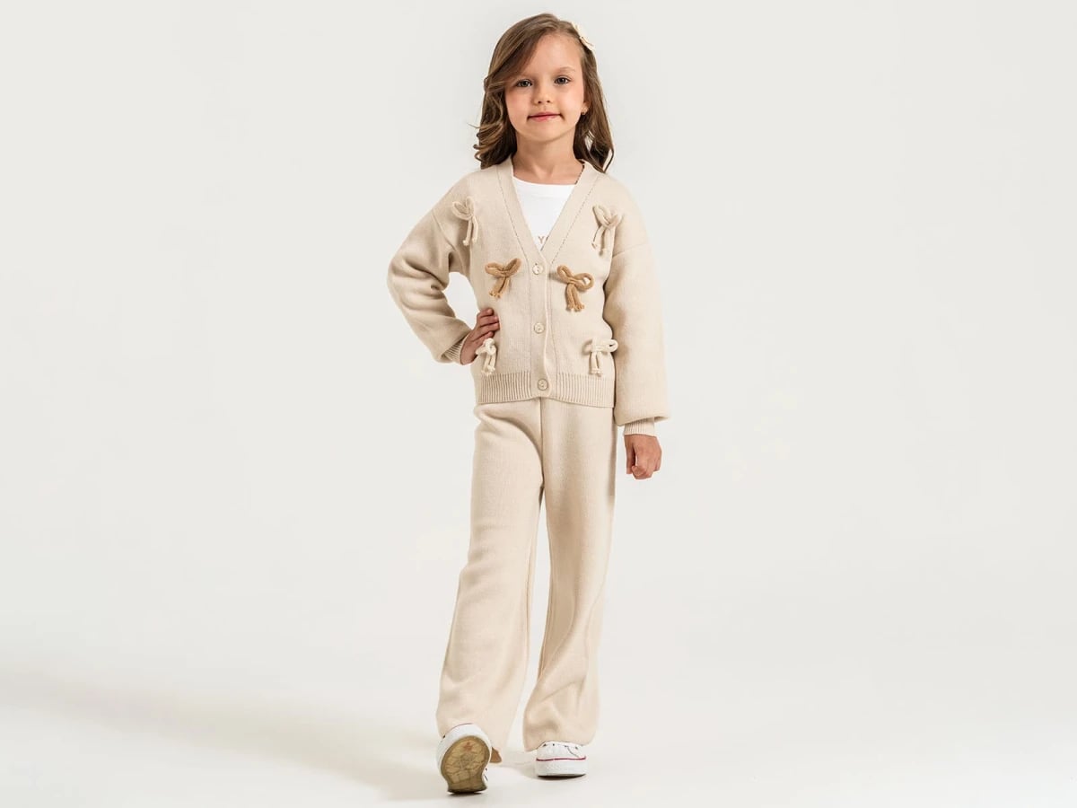 Beige Knit Cardigan and Trousers Set for Girls with Bow Details - Pampal Kids - by Peralane