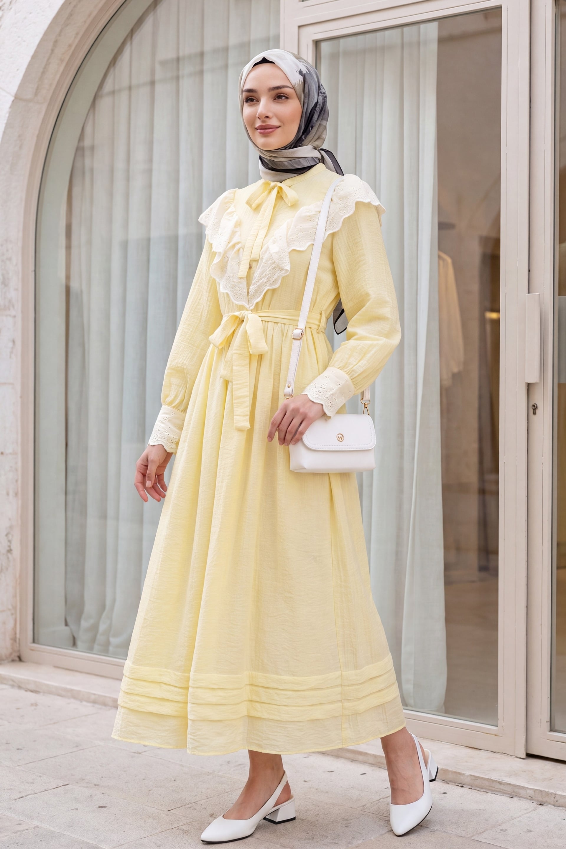 Tie-Front Crinkle Dress with Eyelet Trim - Yellow - Podyumplus - by Peralane - photo 3