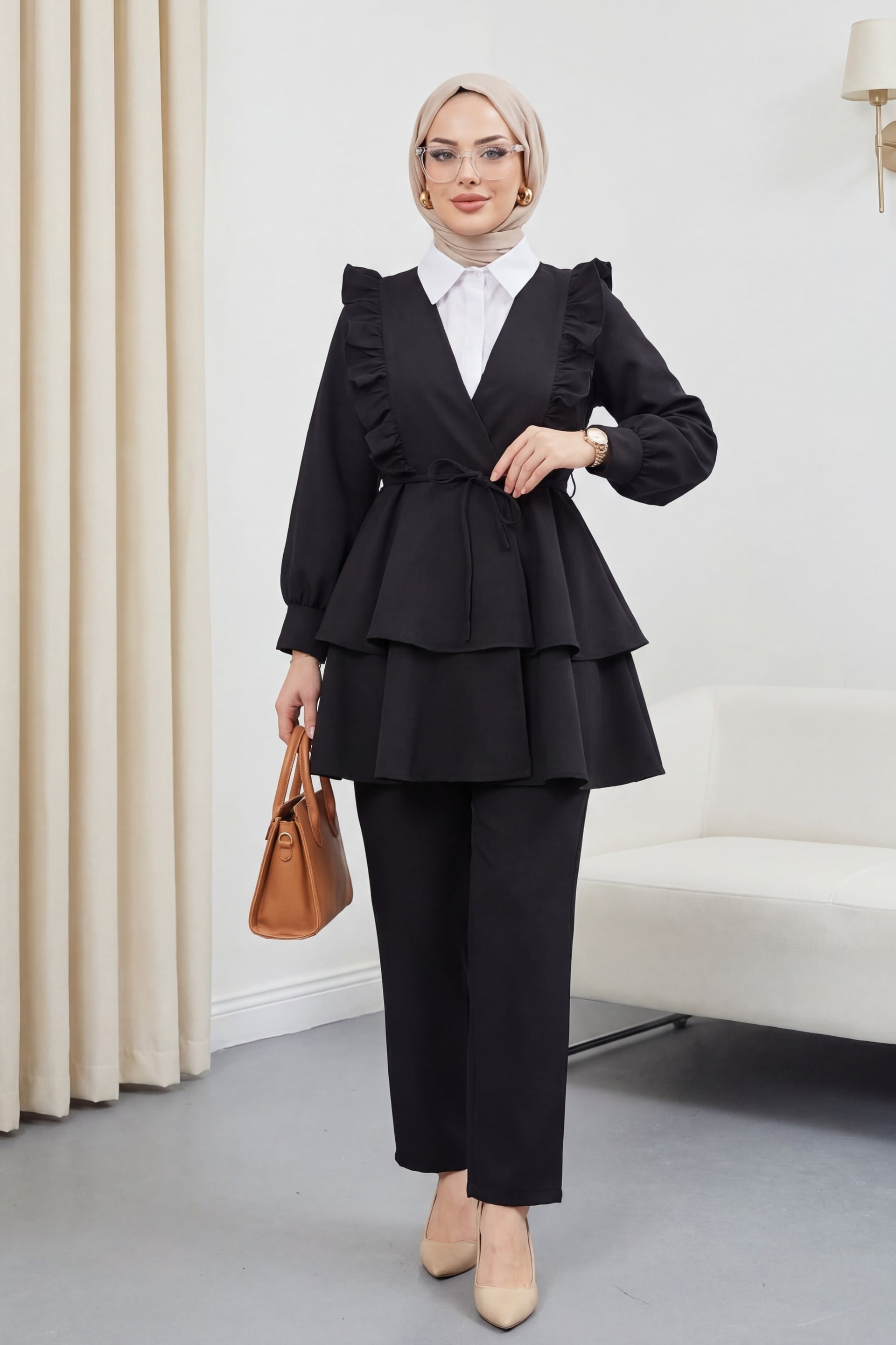Women's Black Kimono Set with Ruffled Top and Trousers - Podyumplus - by Peralane