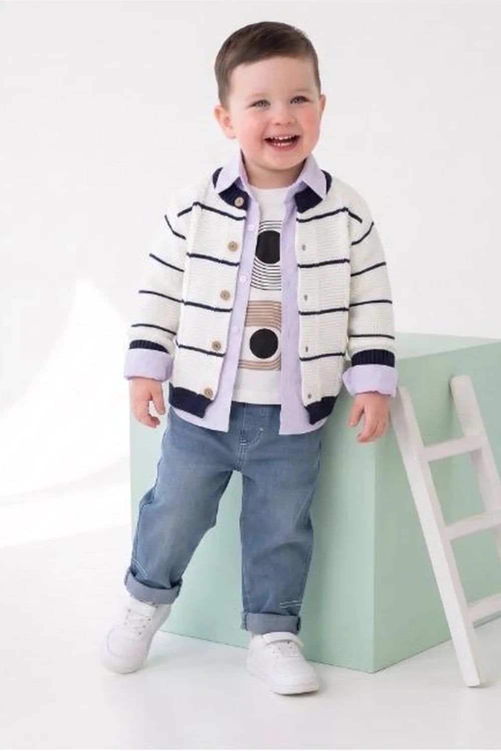 Striped Cardigan Set with T-Shirt and Denim Trousers - Coffee Cream - Has Bereket - by Peralane