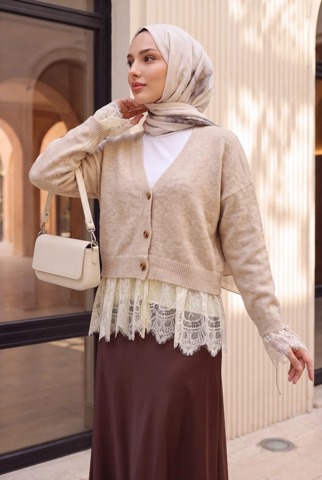 Beige Lace-Trim Button-Front Cardigan with Puff Sleeves - Podyumplus - by Peralane - photo 7