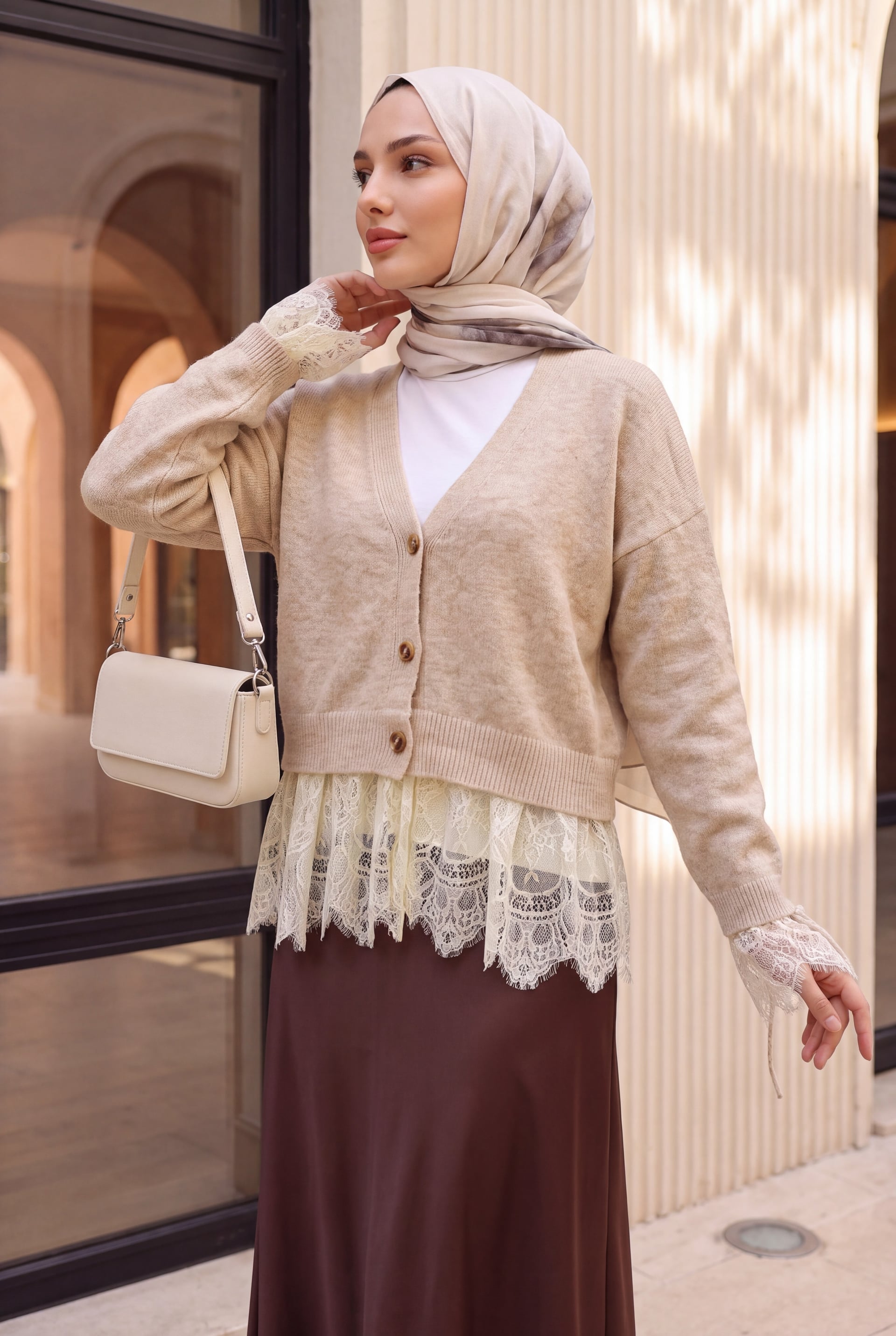 Beige Lace-Trim Button-Front Cardigan with Puff Sleeves - Podyumplus - by Peralane - photo 7