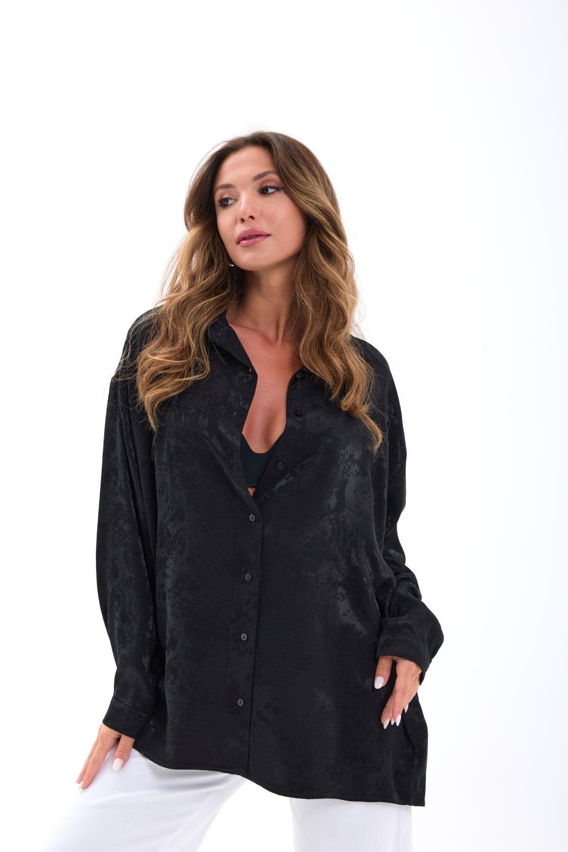Women's Black Long-Sleeved Blouse with Embossed Floral Pattern - Fame - by Peralane - photo 4