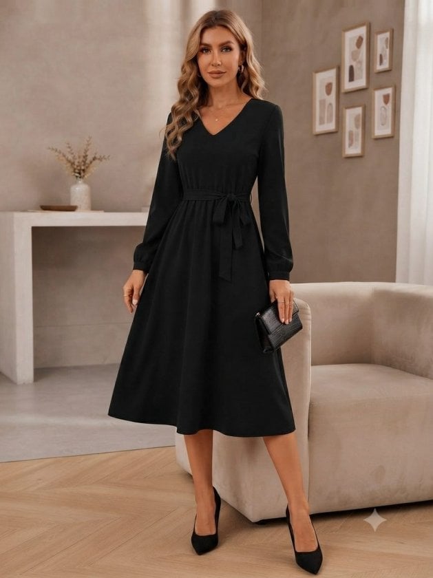 Women's Long Sleeve V-Neck Belted Midi Crepe Dress - Janes - by Peralane - photo 2