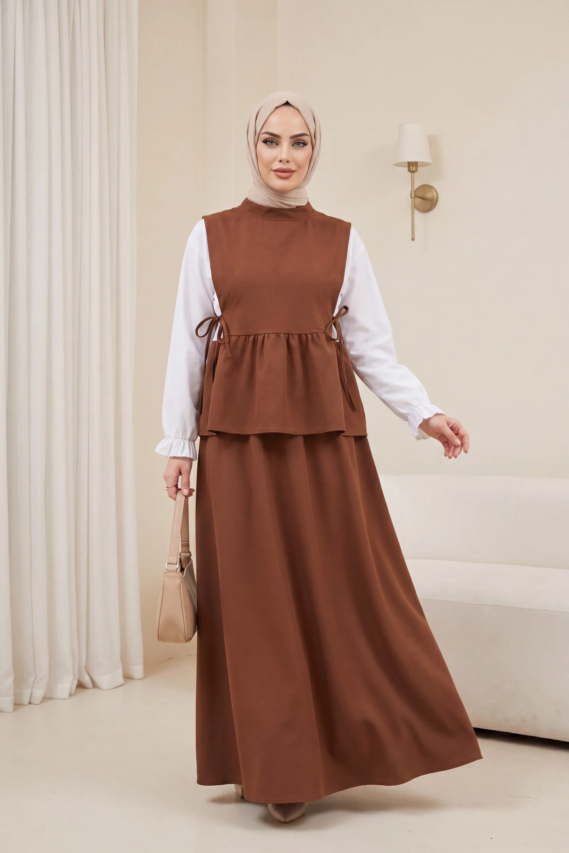 Shirt Detail Lace-Up Peplum Double Set - Brown - Podyumplus - by Peralane - photo 4