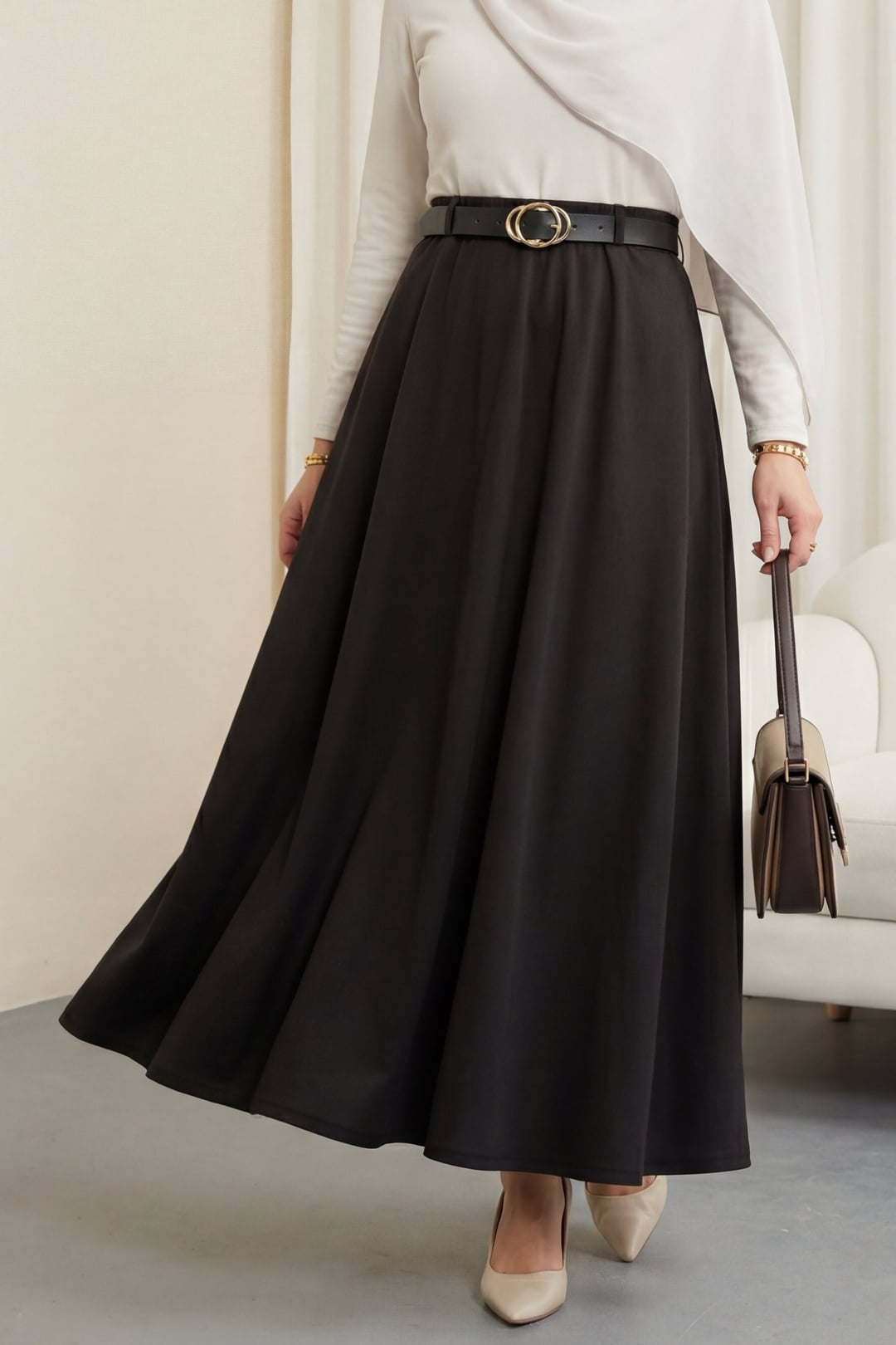 Black Elasticated Waist Skirt with Belt - Flowing A-Line - Podyumplus - by Peralane