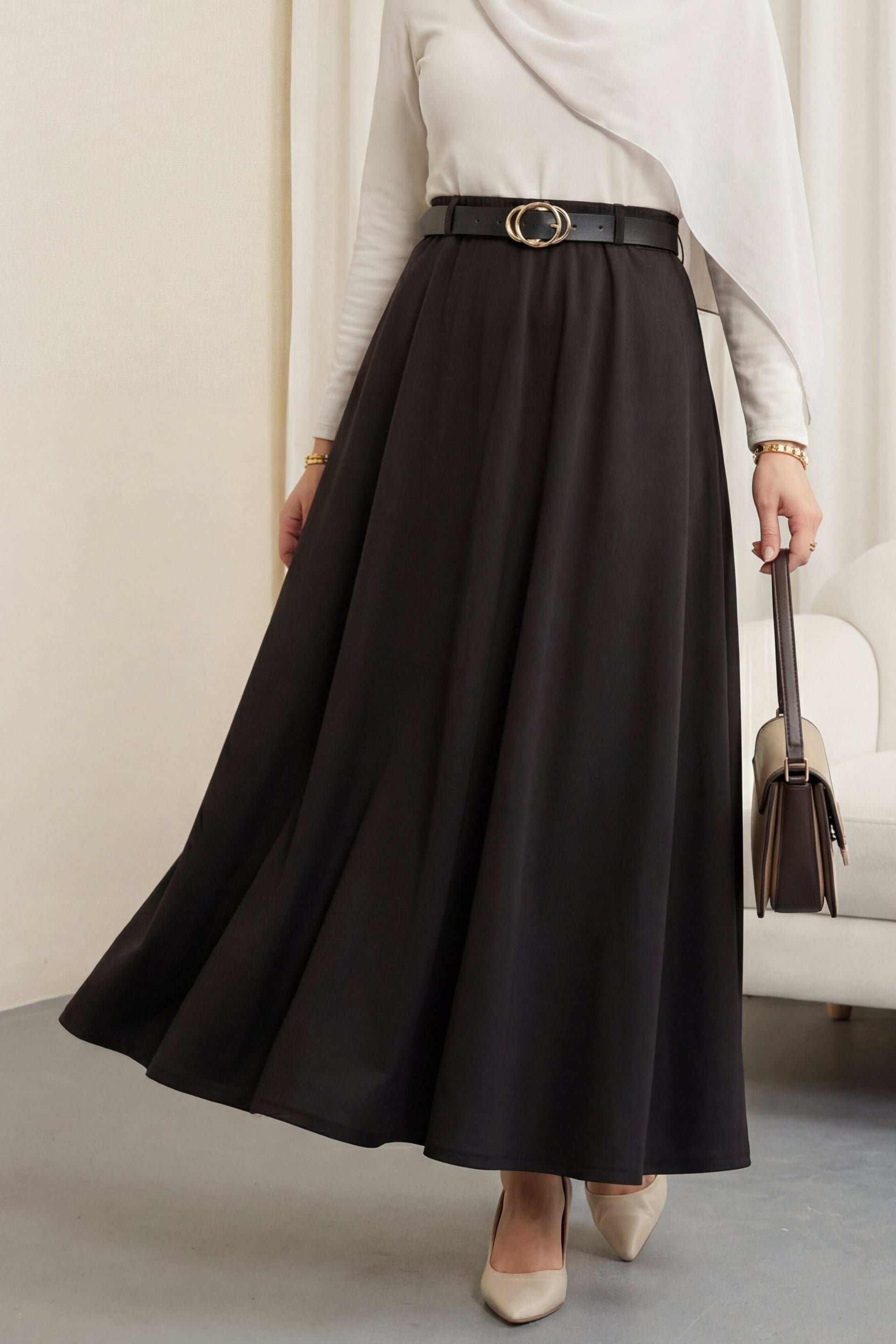 Black Elasticated Waist Skirt with Belt - Flowing A-Line - Podyumplus - by Peralane