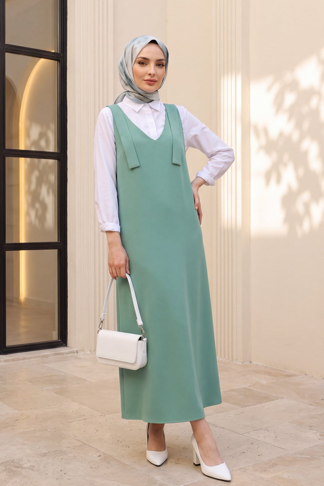 Long Sleeveless Pinafore Dress with Bow Straps - Green - Podyumplus - by Peralane