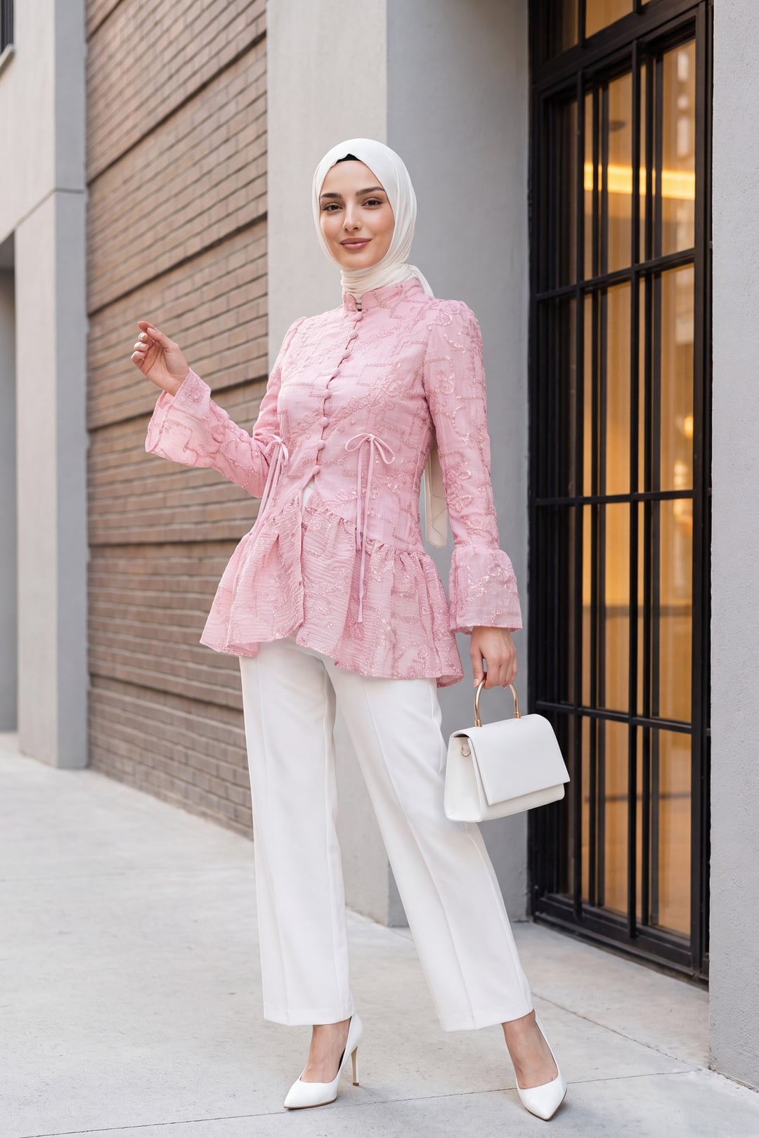 Puff Sleeve Embroidered Tunic in Powder Pink - Podyumplus - by Peralane - photo 3