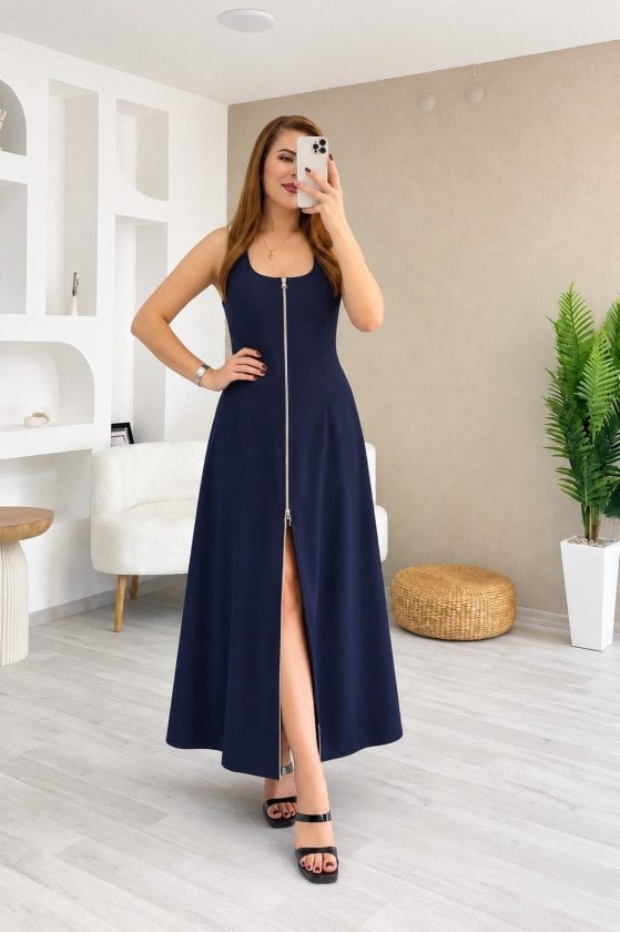 Sleeveless Square Neck Midi Dress with Front Zipper - Janes - by Peralane