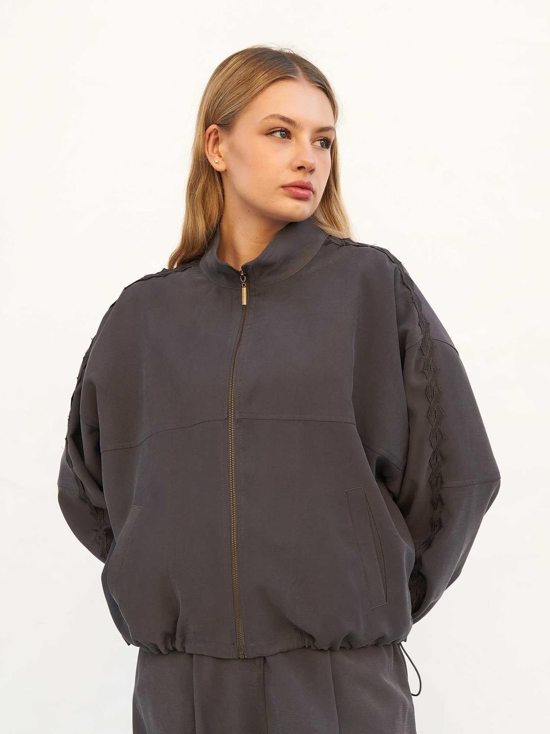 Dark Grey Zip-Up Long Sleeve Jumpsuit with Drawstring Waist - Lefon - by Peralane - photo 5