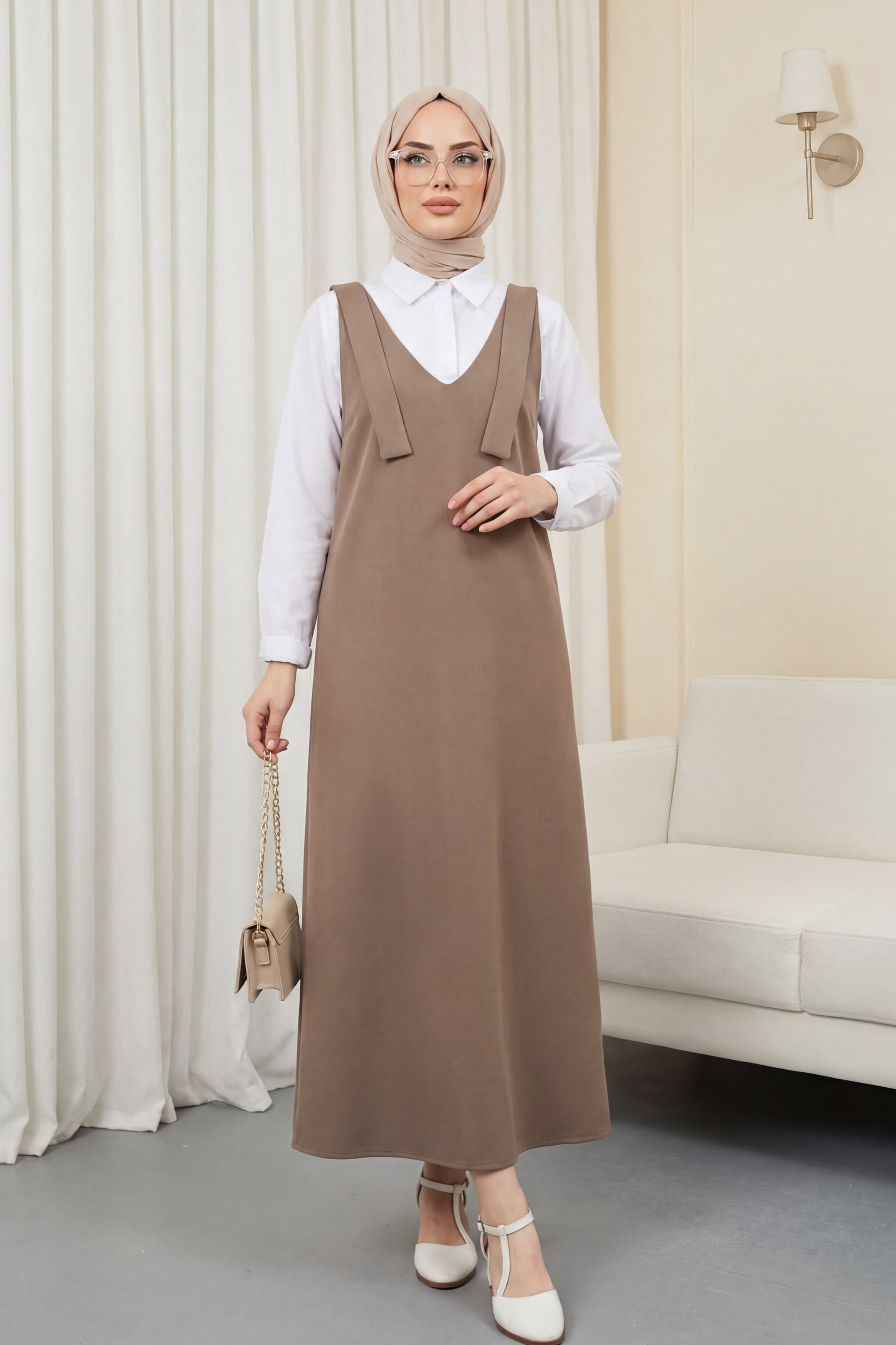 Long Sleeveless Jumper Dress with Shoulder Ties - Light Brown - Podyumplus - by Peralane