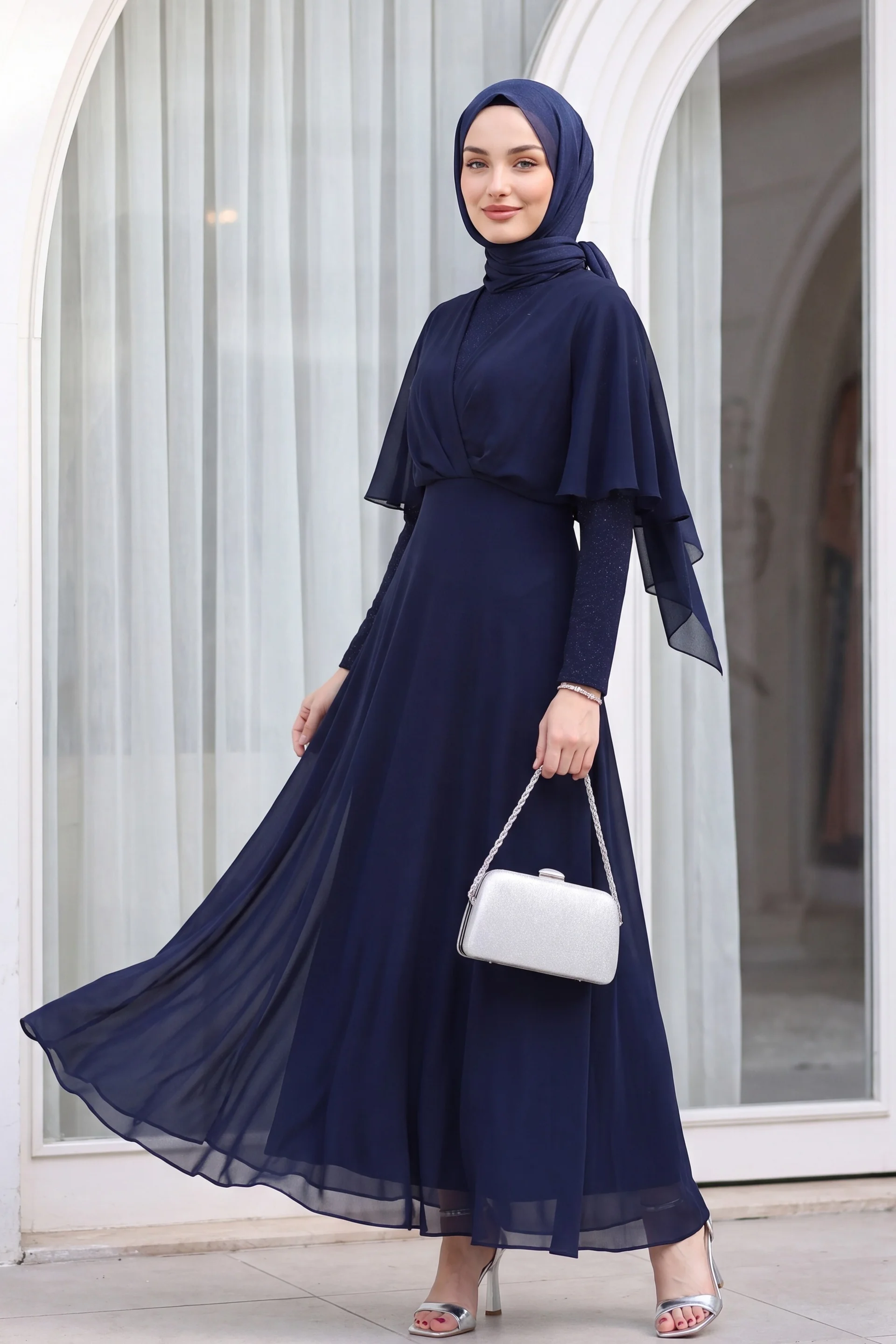 Navy Blue Sequin Chiffon Long Evening Dress - Podyumplus - by Peralane