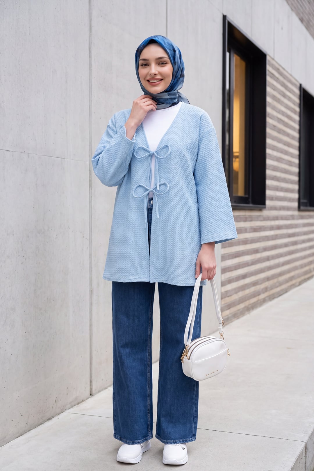 Women's Light Blue Double-Tie Honeycomb Pattern Kimono Cardigan - Podyumplus - by Peralane - photo 5