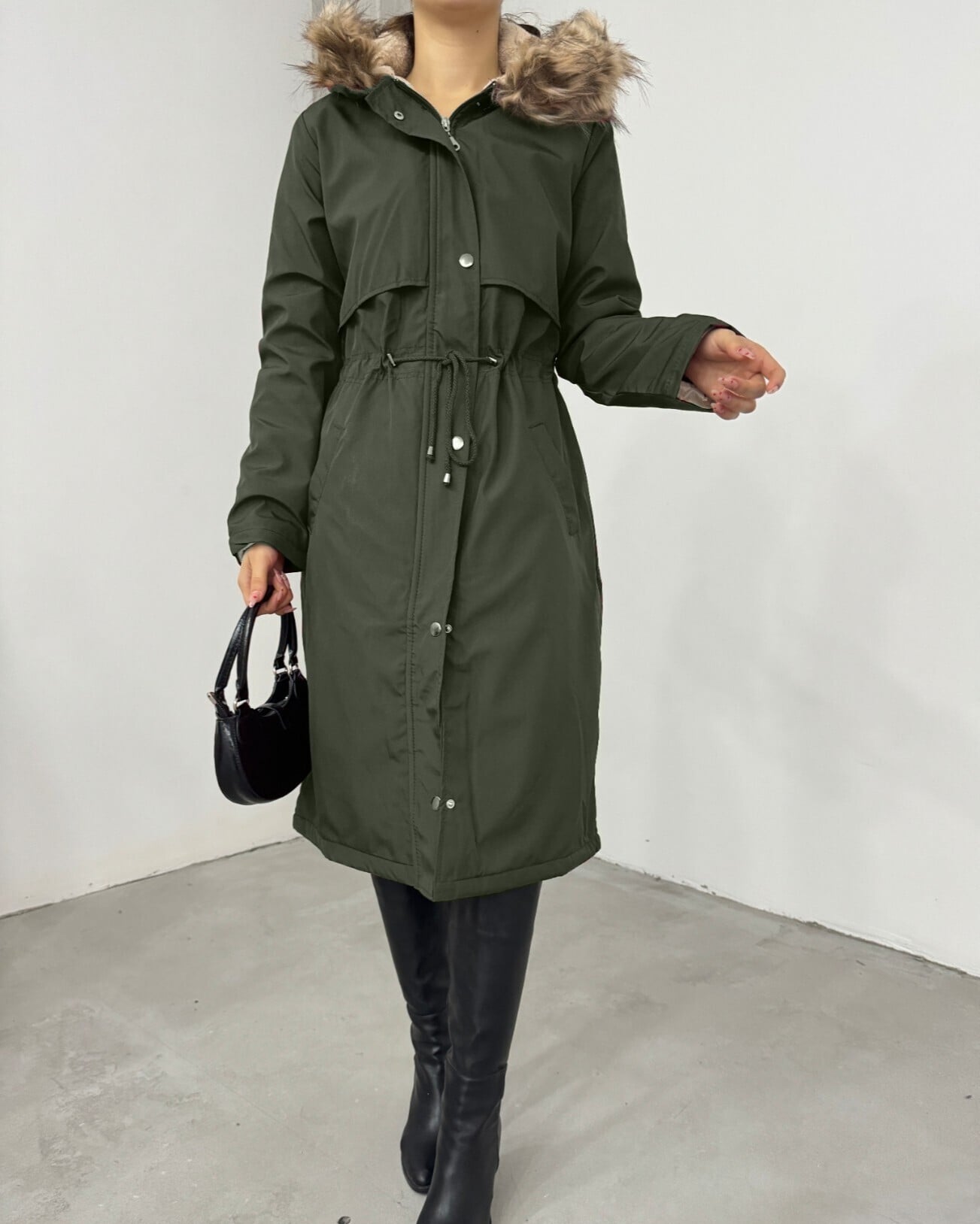 Women's Hooded Long Coat with Faux Fur Trim - Khaki - Podyumplus - by Peralane - photo 5