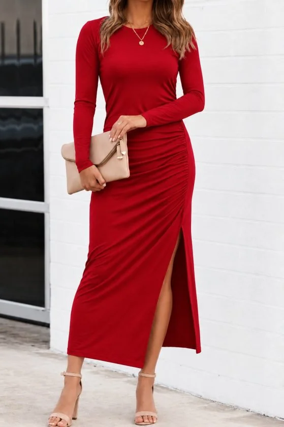 Women's Long-Sleeved Red Viscose Dress with Side Slit - Janes - by Peralane