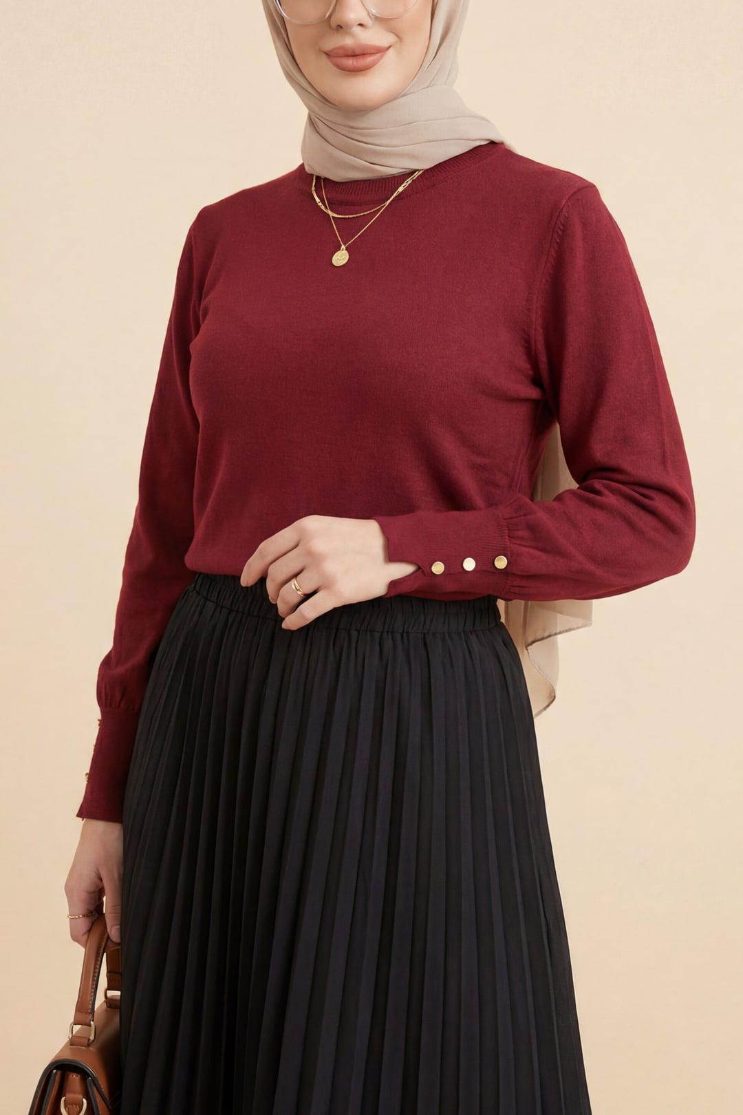 Round Neck Long Sleeve Button Detail Knit Tunic - Burgundy - Podyumplus - by Peralane