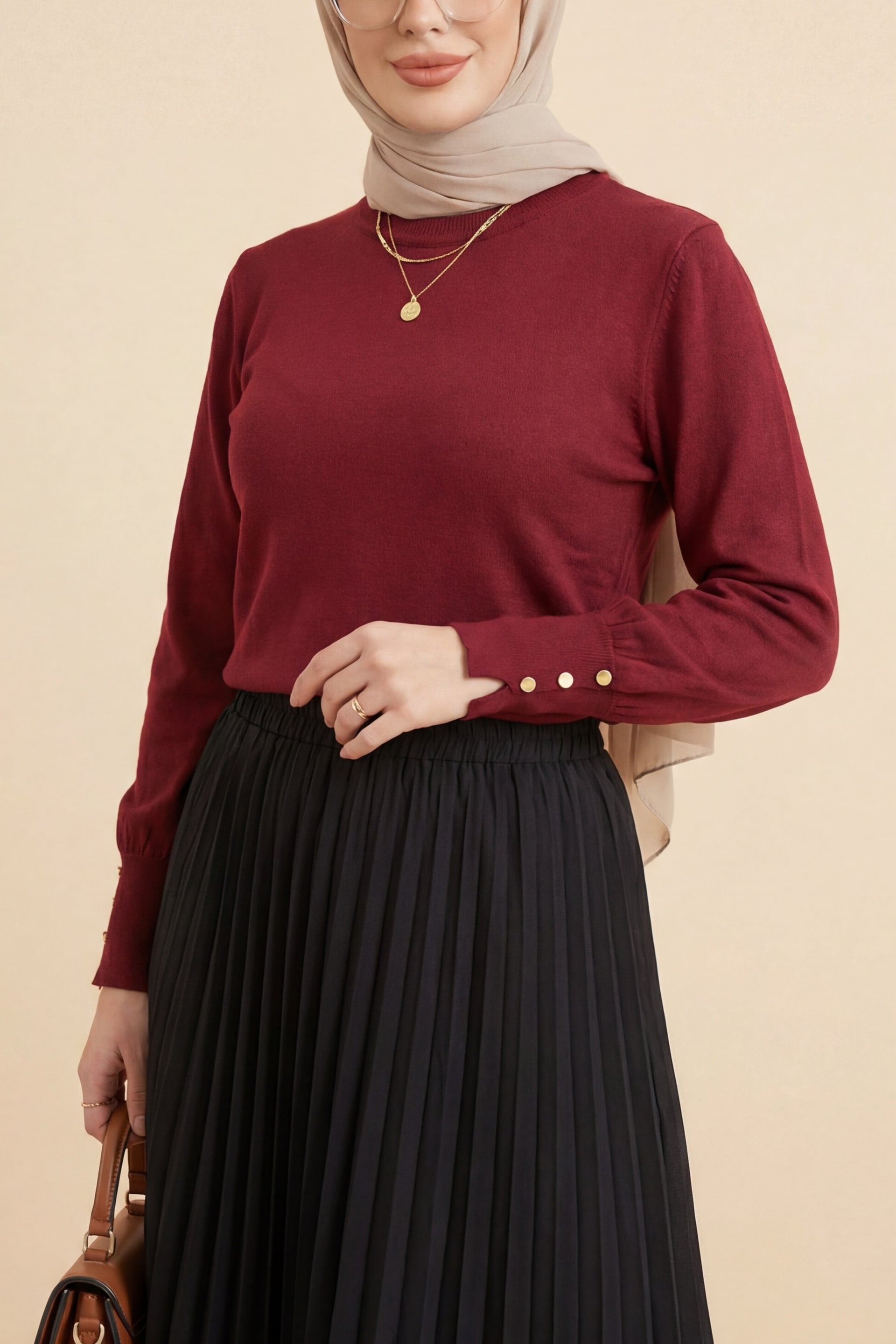Round Neck Long Sleeve Button Detail Knit Tunic - Burgundy - Podyumplus - by Peralane