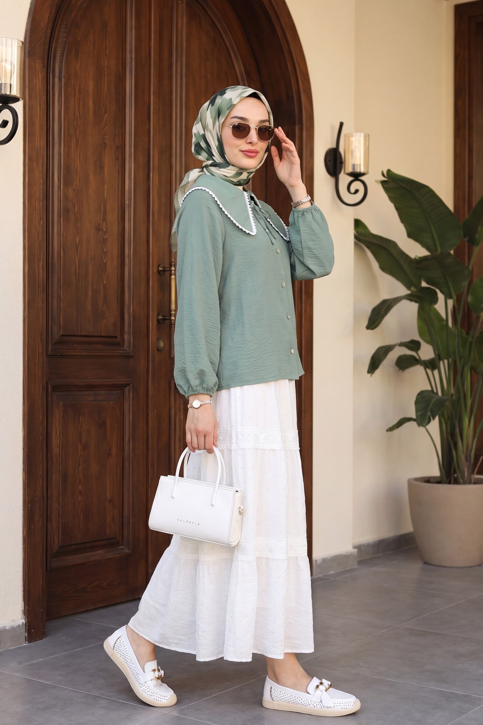 Peter Pan Collar Lace Trim Blouse with Elastic Cuffs - Mint - Podyumplus - by Peralane - photo 2