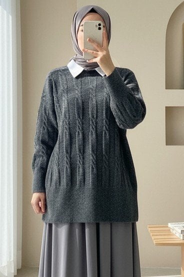 Puffy Patterned Soft Knit Sweater - Dark Grey - Podyumplus - by Peralane