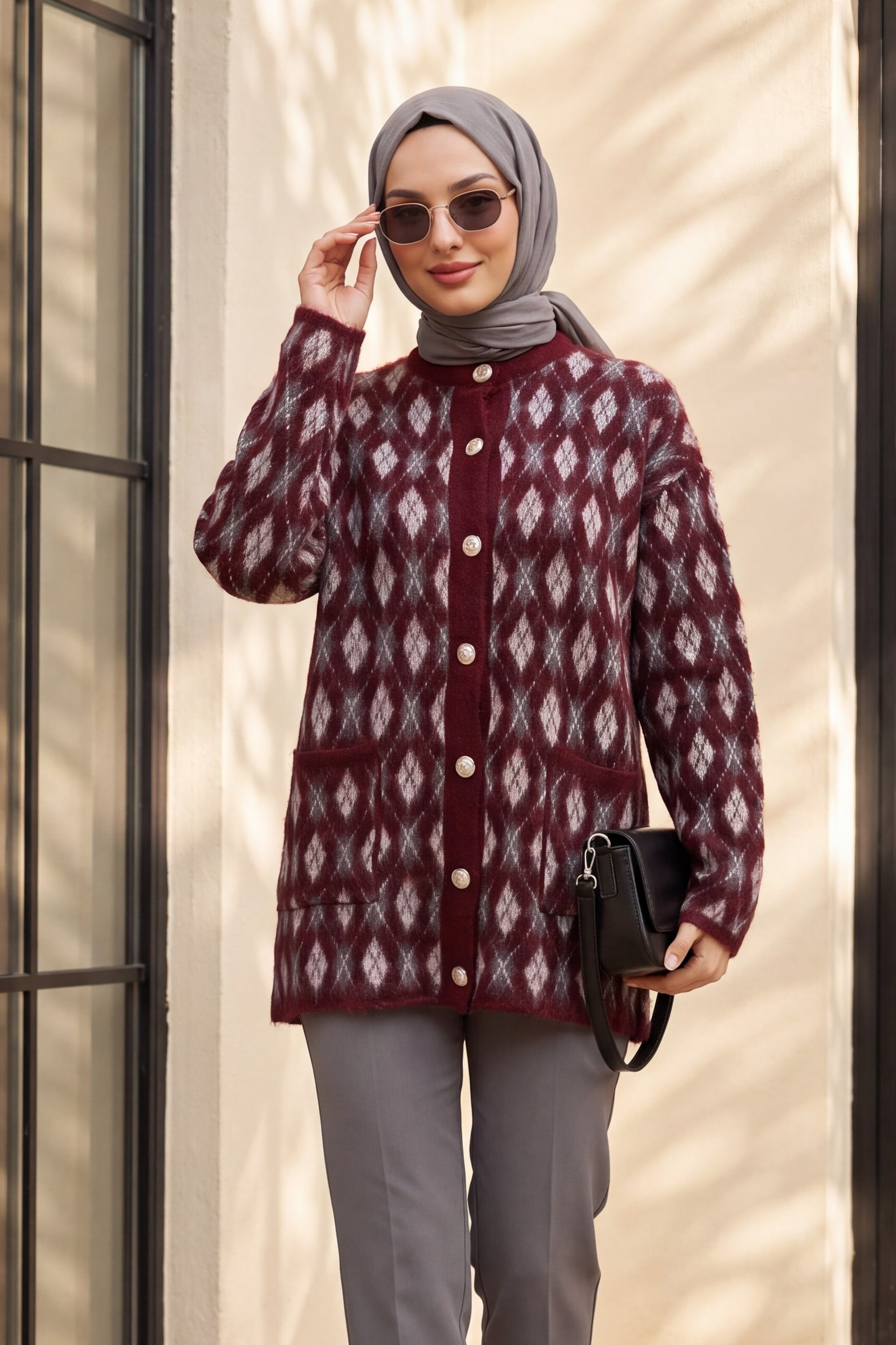 Burgundy Argyle Button-Front Cardigan with Pockets for Women - Podyumplus - by Peralane - photo 2