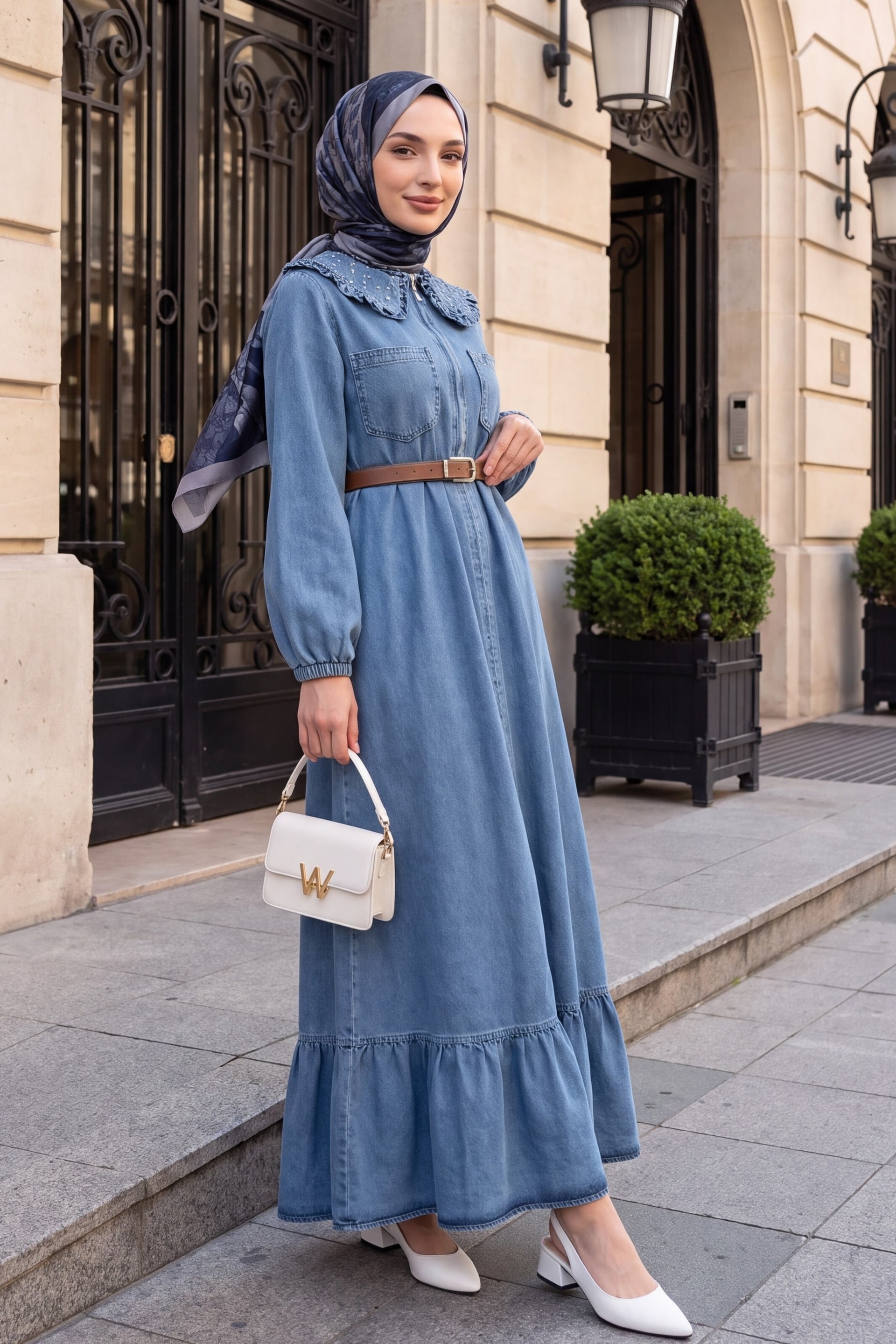 Bebe Collar Half Zip Pearl Detail Belted Denim Dress - Ice Blue - Podyumplus - by Peralane - photo 3