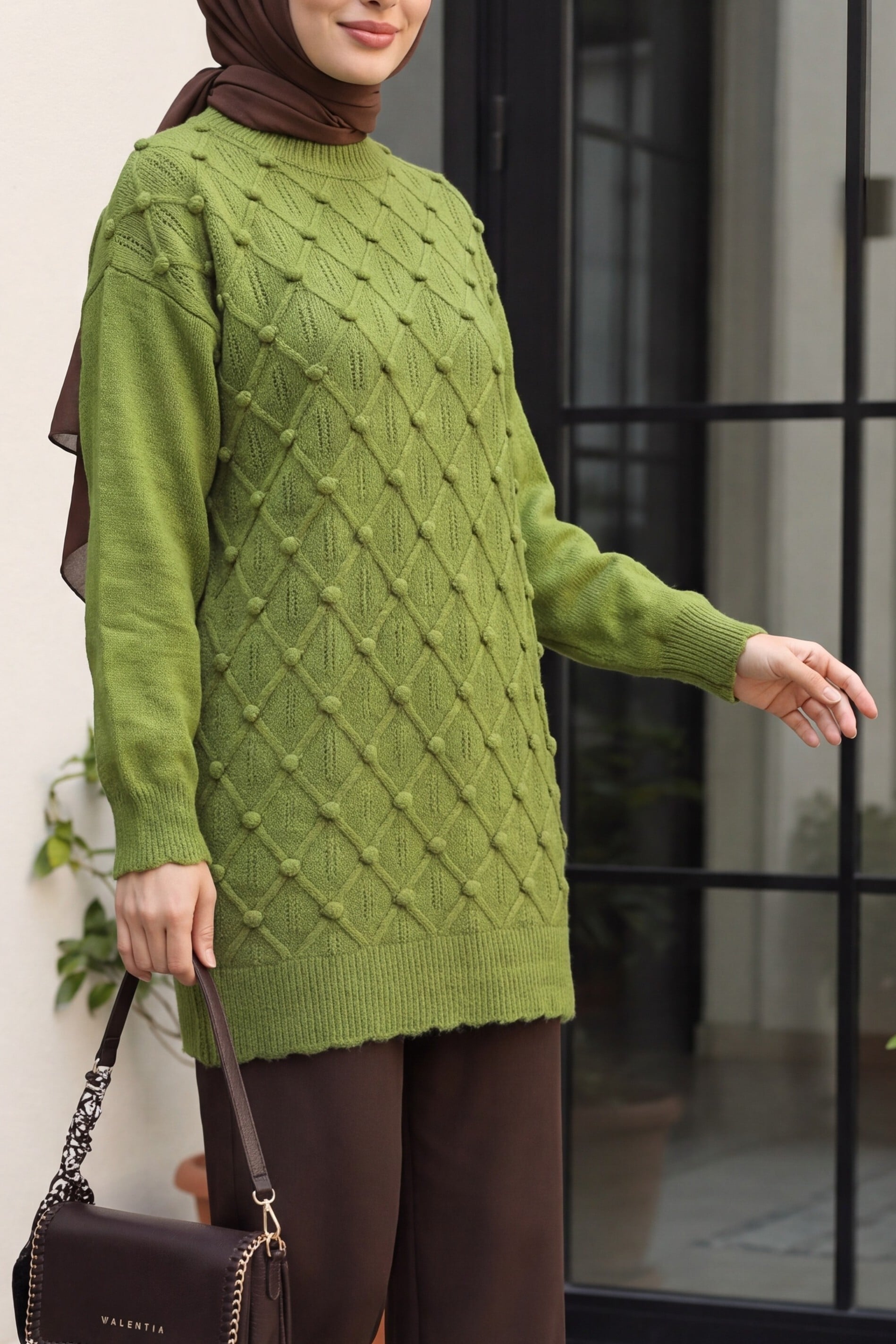 Relaxed Checkered Knit Tunic with Bicycle Neckline and Pom Poms - Khaki - Podyumplus - by Peralane
