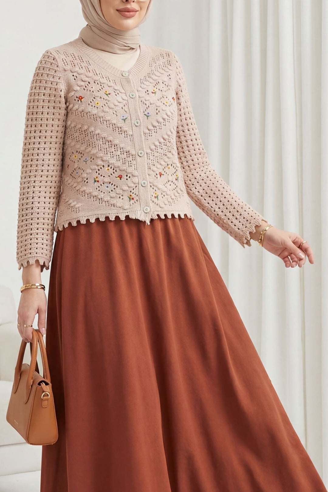 Floral Embroidered Open-Knit Cardigan - Powder - Podyumplus - by Peralane