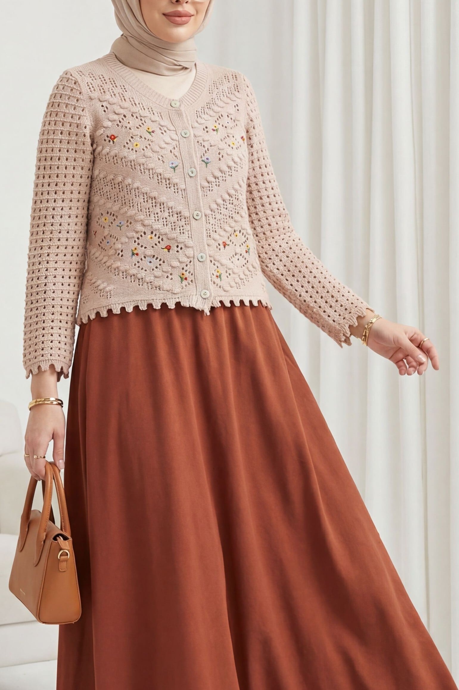 Floral Embroidered Open-Knit Cardigan - Powder - Podyumplus - by Peralane