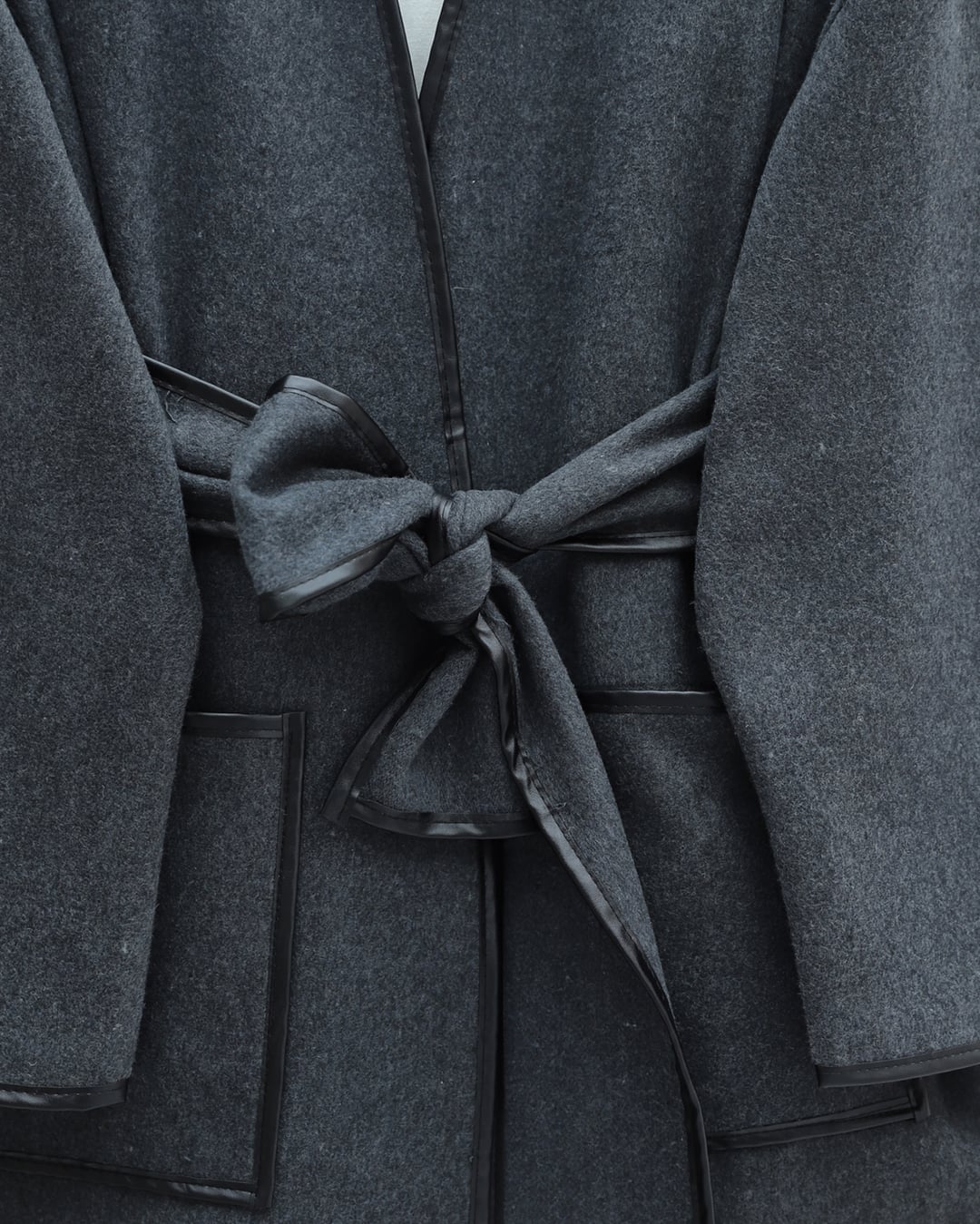 Piped Trim Double Pocket Belted Cashmere Kimono - Smoke Grey - Podyumplus - by Peralane - photo 6