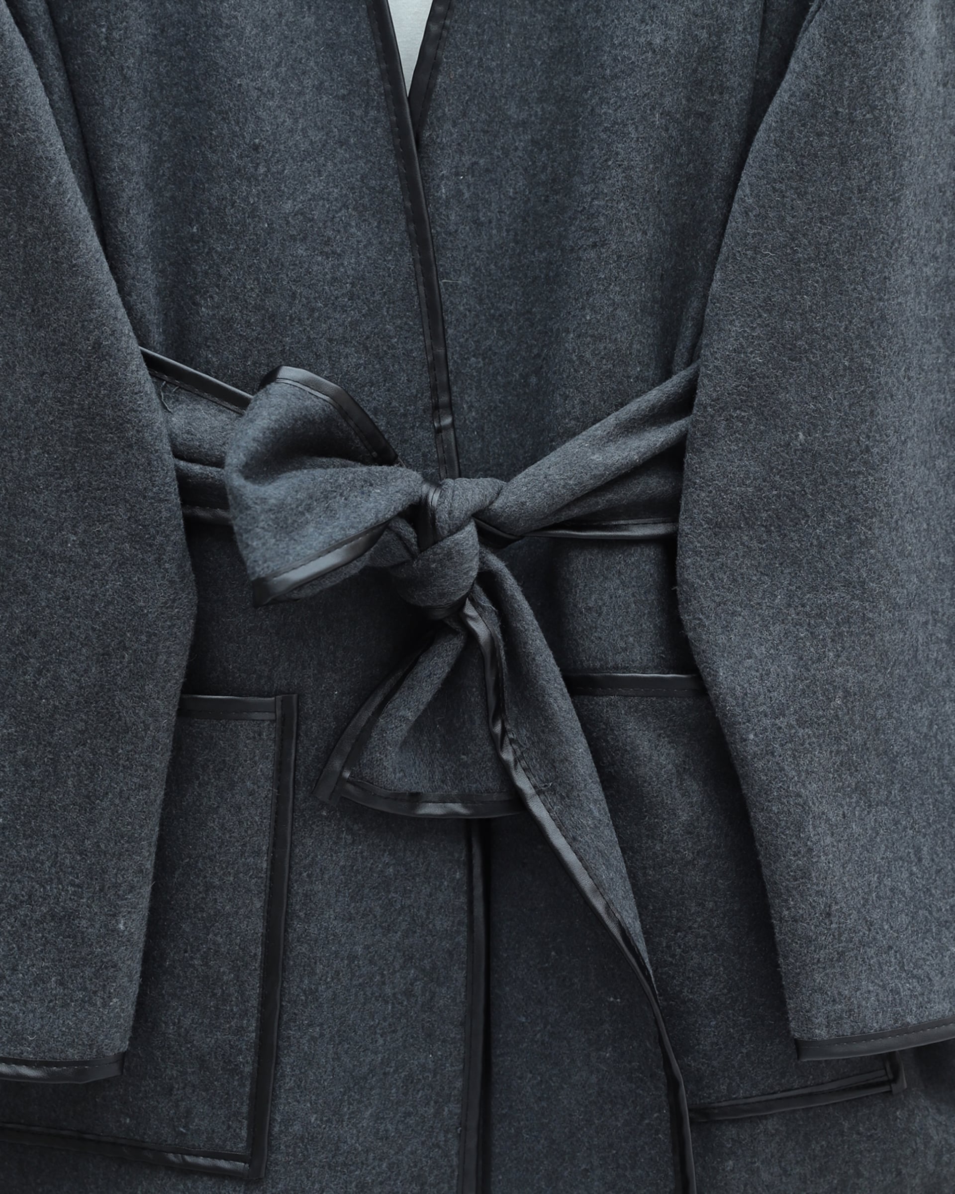 Piped Trim Double Pocket Belted Cashmere Kimono - Smoke Grey - Podyumplus - by Peralane - photo 6