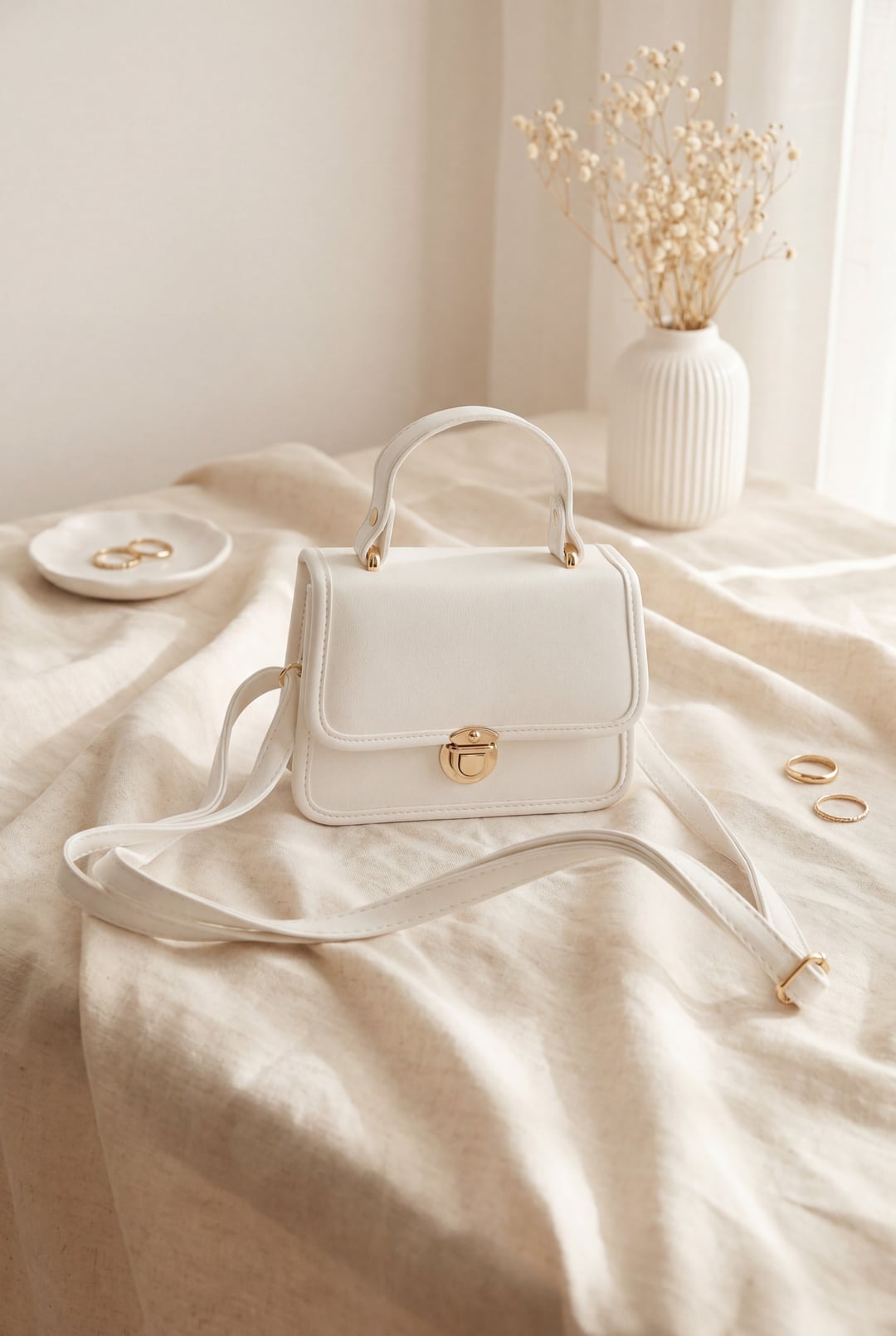 White Structured Box Bag with Turn-Lock Flap and Long Strap - Podyumplus - by Peralane