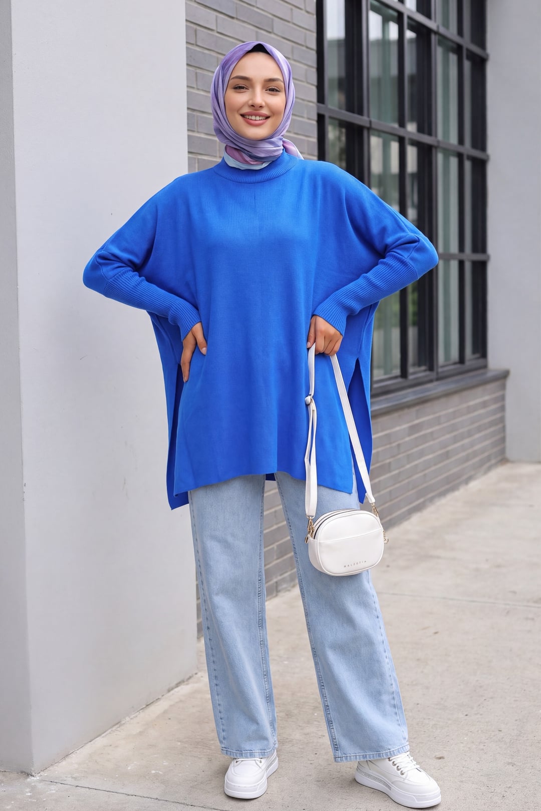 Oversize Poncho Knit Sweater with Side Slits - Bright Blue - Bigdart - by Peralane - photo 4