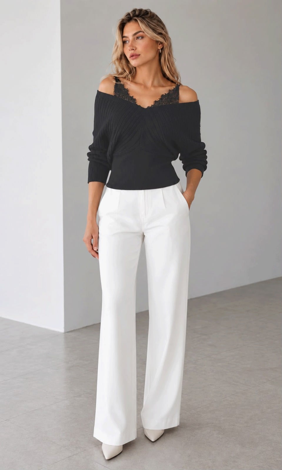 Black Off-Shoulder Ribbed Knit Sweater with Lace Trim for Women - My Bee - by Peralane - photo 4