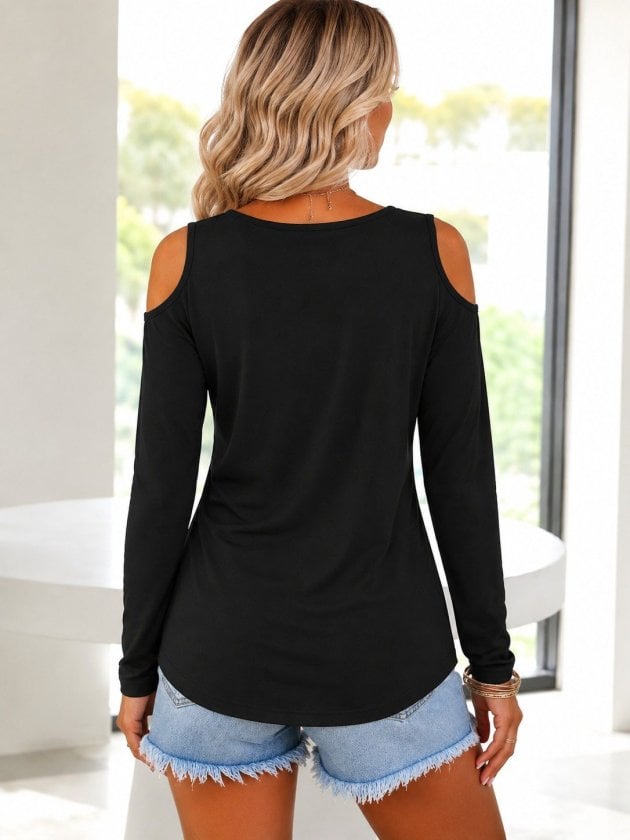 Women's Long-Sleeved V-Neck Cold-Shoulder Viscose Blouse - Black - Janes - by Peralane - photo 3