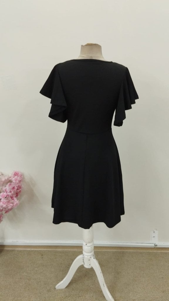 Women's Short-Sleeve Round Neck Flared Mini Dress in Black Crepe - Janes - by Peralane - photo 6