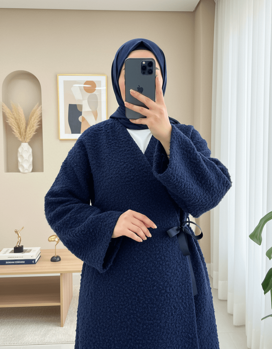 Navy Blue Side-Tie Boucle Kimono Cardigan - Podyumplus - by Peralane - photo 2