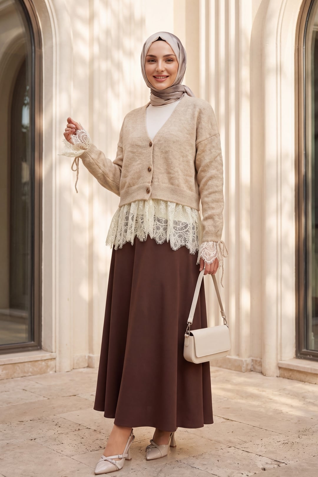 Beige Lace-Trim Button-Front Cardigan with Puff Sleeves - Podyumplus - by Peralane - photo 9